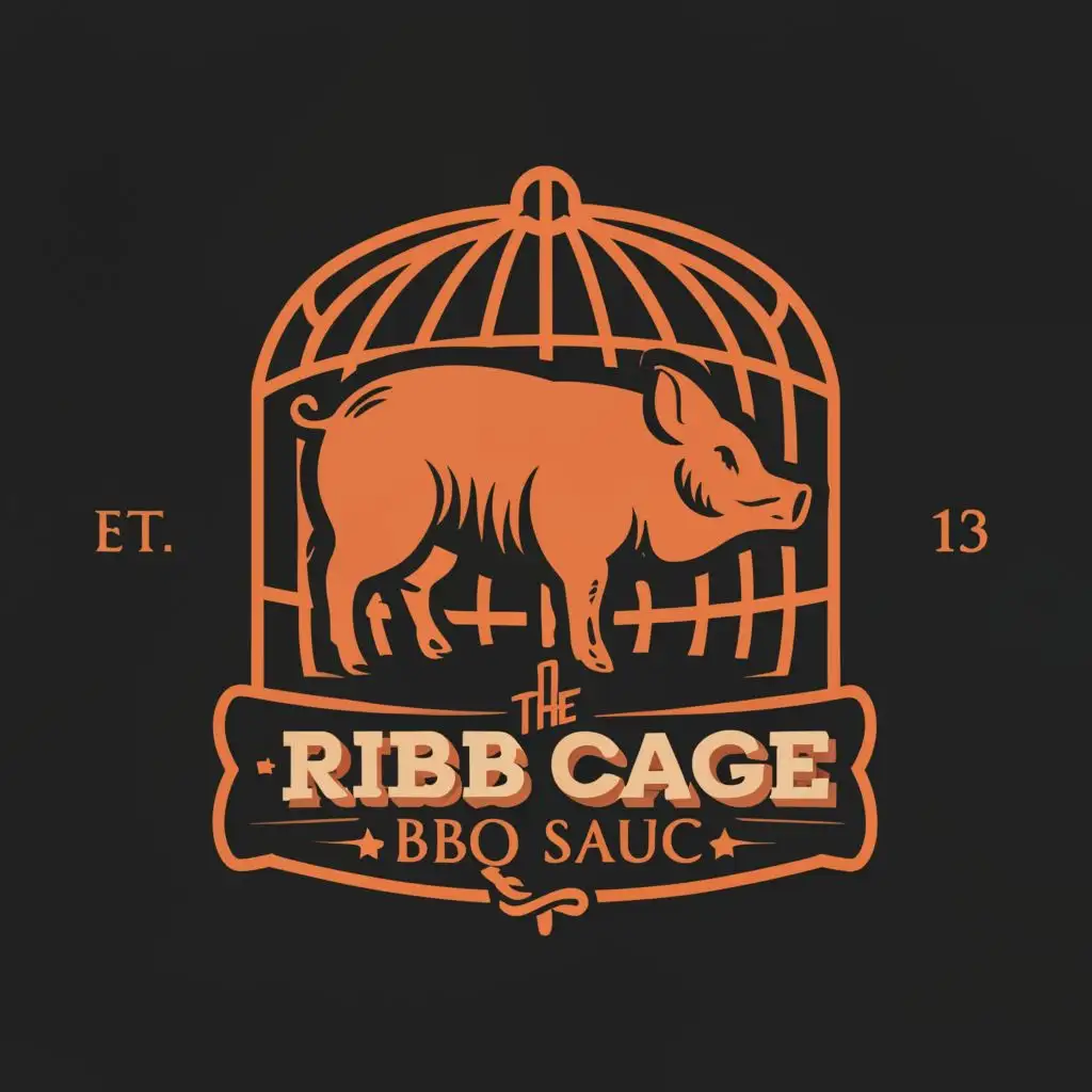 logo, A SQUEELING PIG IN A CAGE SHOWING RIB BONES, with the text "THE RIB CAGE BBQ SAUCE", typography, be used in Retail industry
