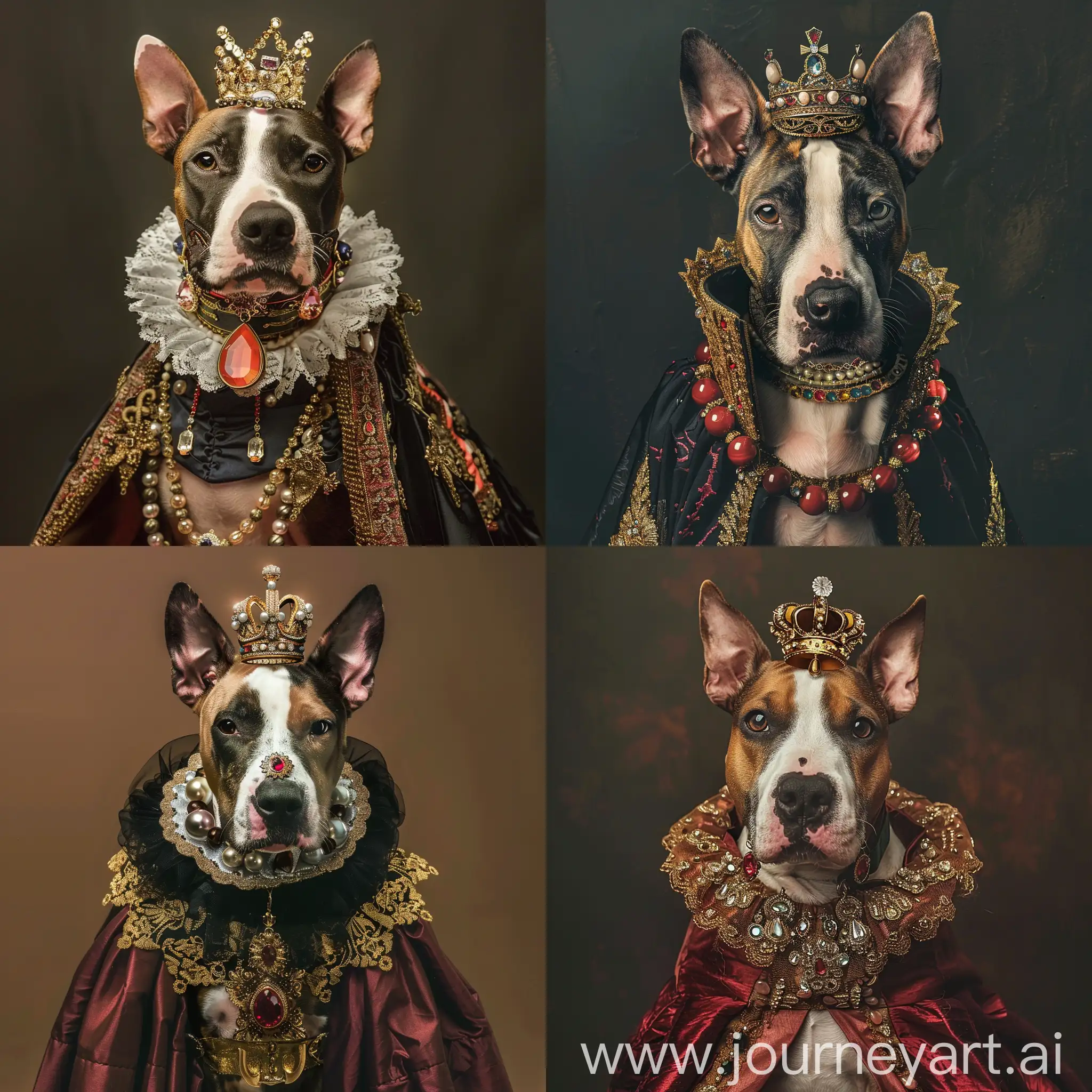 Tri Coloured English Bull Terrier dressed as a victorian queen with jewels and crown