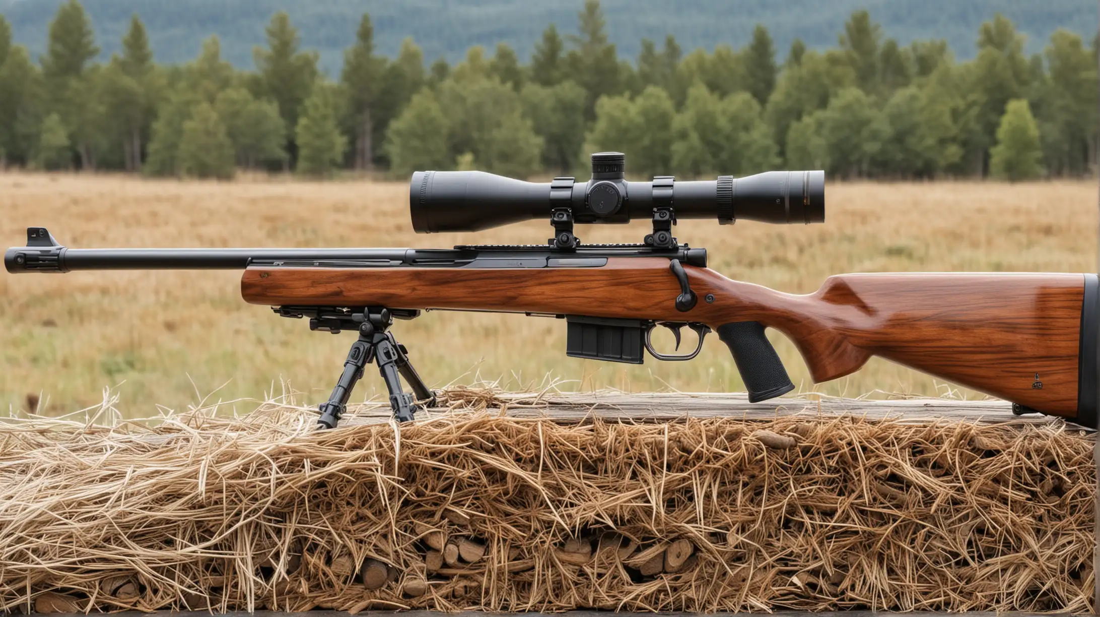Sniper Rifle Resting on Wooden Log in Rural Landscape