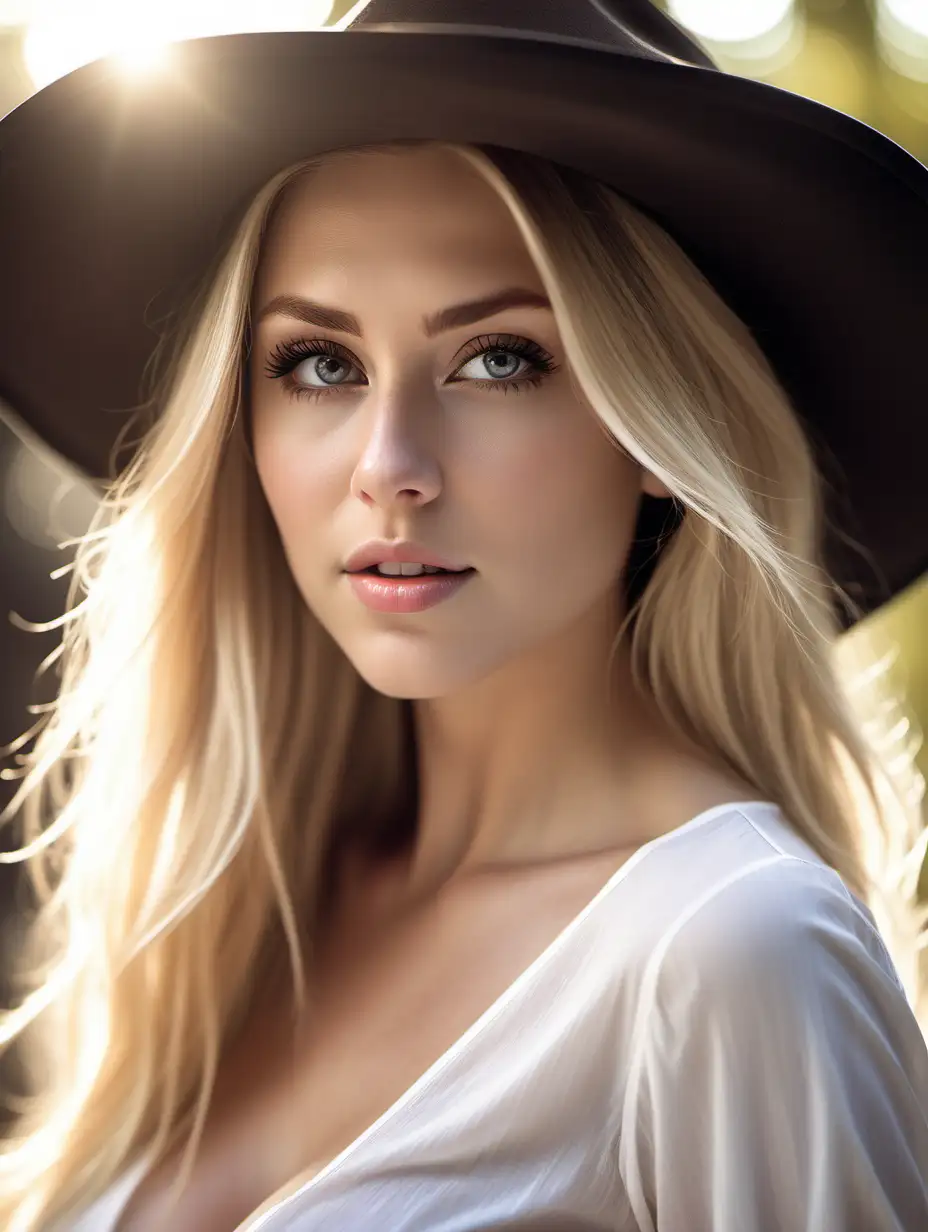 Attractive Nordic Woman in Wide Brim Hat and White Blouse