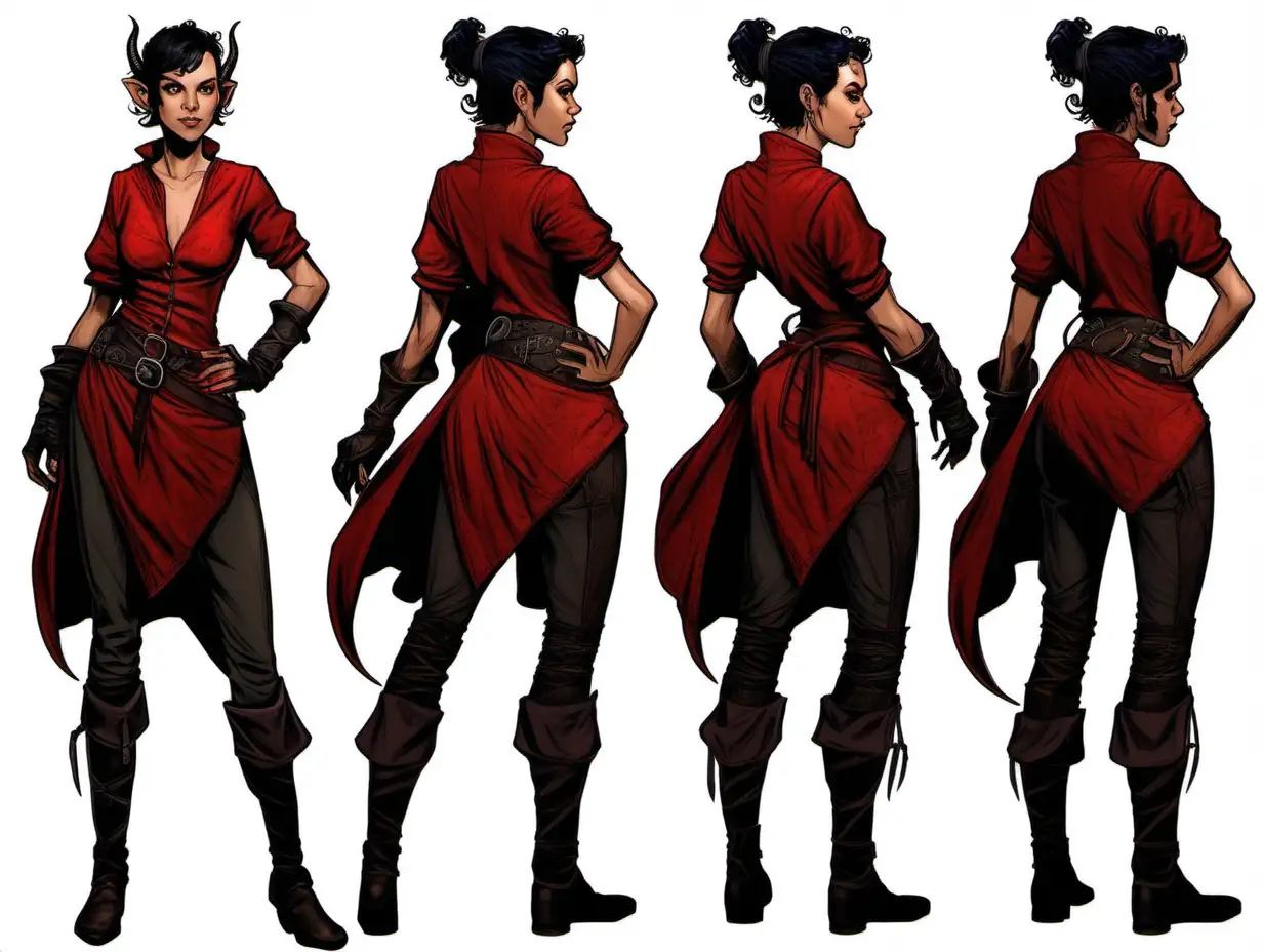 Young Tiefling, female, In her 20s, Irish, crimson skin, bar wench cloths, short black hair, a dungeons and dragons character, no background