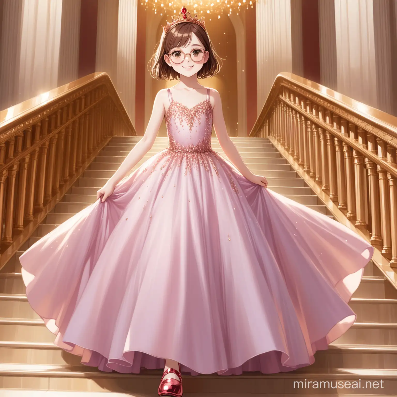 12 year old girl with short brown hair, brown eyes, rose gold glasses, smiling, wearing a long pale red and pale purple ball gown, gold tiara, red shoes, walking down a grand staircase,