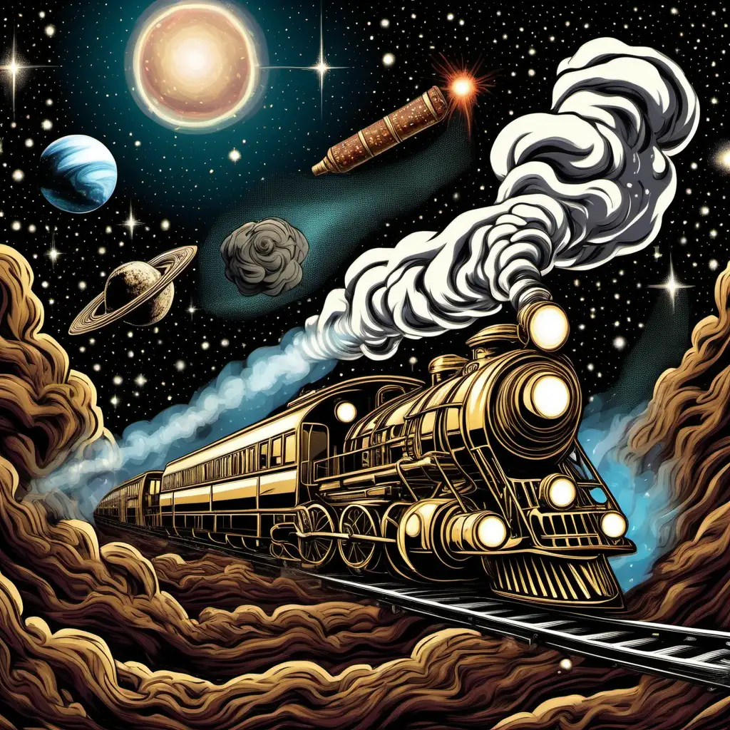 Capture an unconventional and smoky setting featuring a larger-than-life cookie-shaped figure with dreadlocks steering a train resembling a rolled tobacco leaf bundle, venturing boldly into outer space. The cookie conductor exudes a cool demeanor with a stylish hat, guiding the cigar-shaped train through the cosmic expanse. The train, resembling a cylindrical tobacco leaf bundle, emits wisps of white smoke as it hurtles into the galactic unknown against a backdrop of stars, planets, and galaxies, evoking a sense of intrigue and fascination.