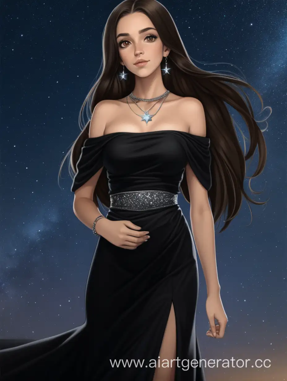 A white girl with an hourglass figure, long dark brown stright hair, and honey-colored eys
The background shows  night sky full of stars, and she is wearing a long black off shoulder dress ,and silver tiney nackless and earrings 