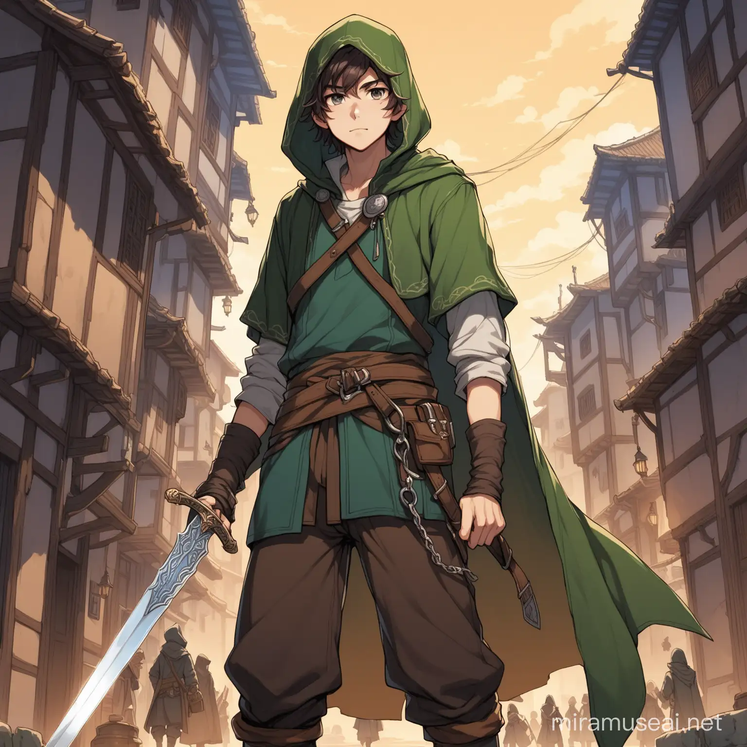 Tall Teen Rogue Male Wielding Sword in Urban Alleyway