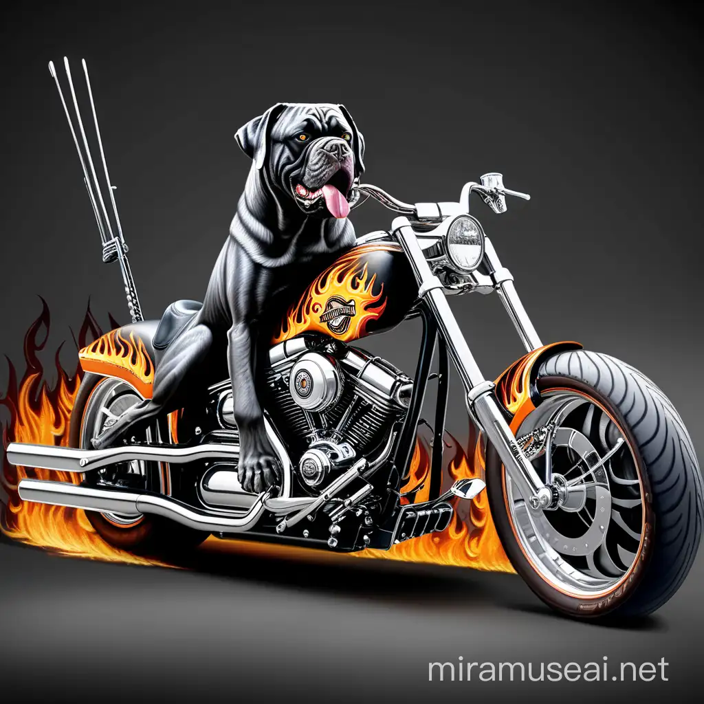 a cane corso dog driving aharley davidson custom occ chopper with long forks and flames painted on the gastank.