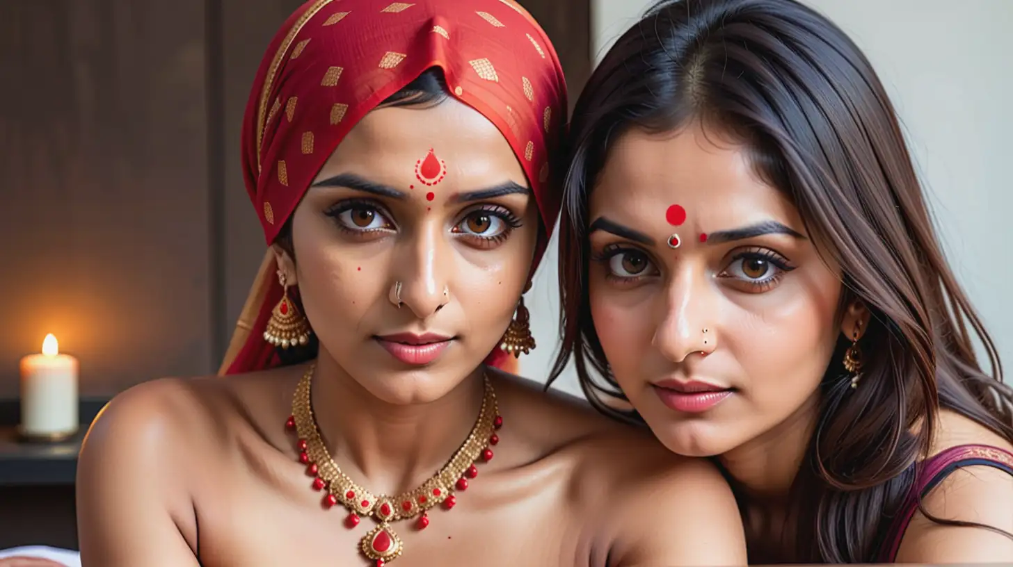 A sexy Indian married Hindu woman with red dot on over forehead wearing a Topless saree  showing cleavage is sitting over a fear colored Turkish Muslim man wearing a muslim skull cap. Adultery