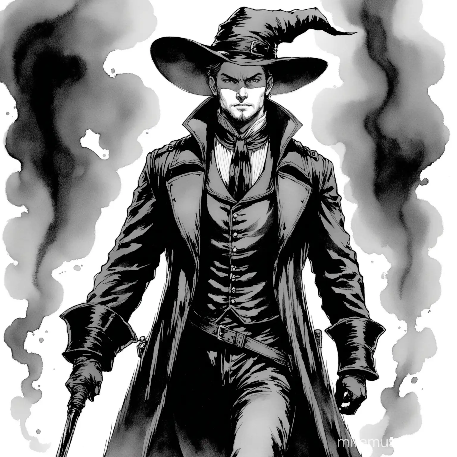 Victorian Era Male Witch Hunter in Ink Painting Style