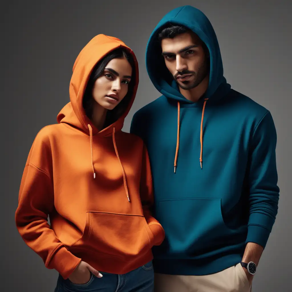 Create a detailed image of a modern fashion scene. Include a Hispanic woman and a Middle-Eastern man standing close together, illustrating a sense of intimacy and unity. They're both sporting hoodies in rich, complementary colors that exude comfort and style. The image should offer exceptional clarity and sharpness, making every detail appreciable. Let the lighting emphasize the texture of the fabric, highlighting its softness and warmth. Remember, it's not just about the contemporary fashion but also about capturing the timeless connection between these two individuals.