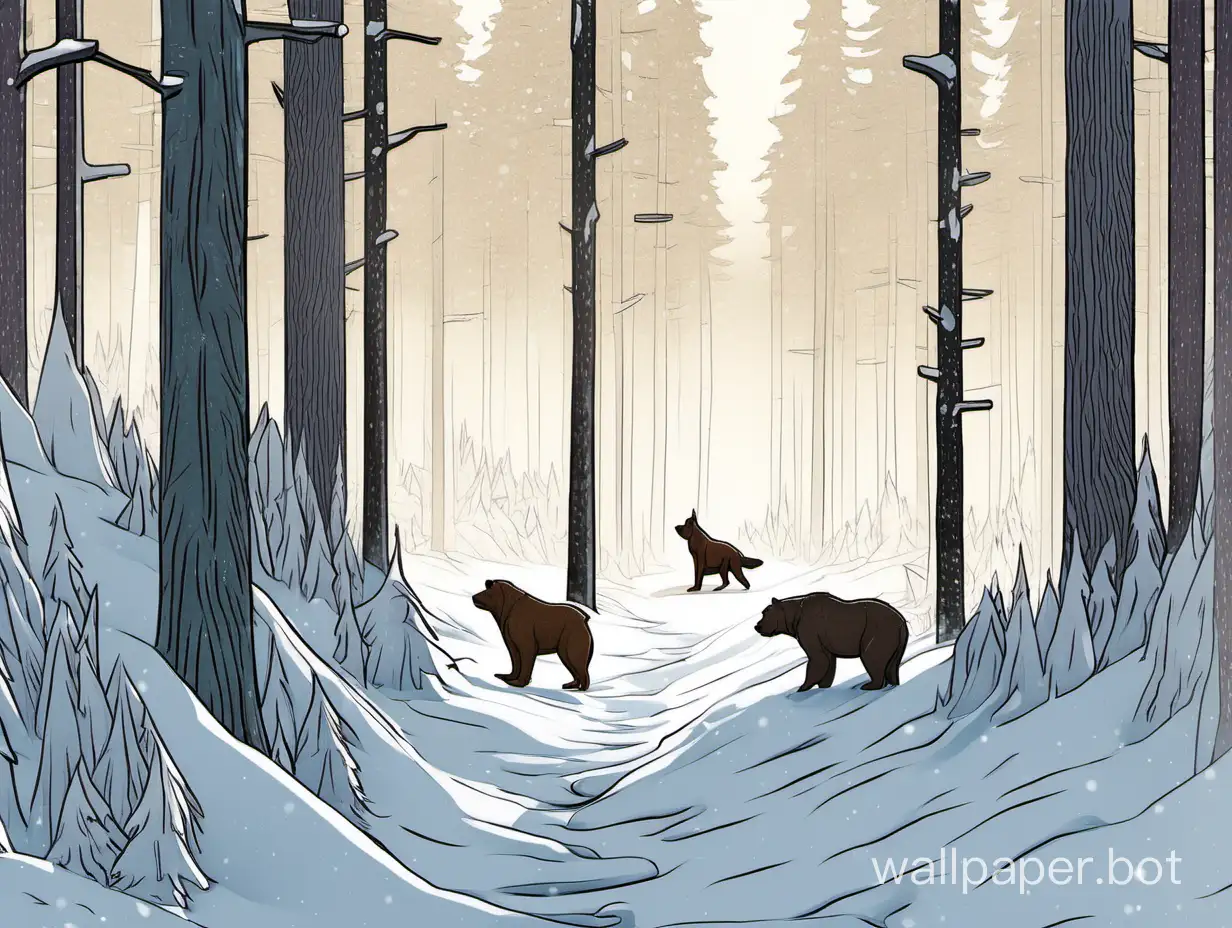 taiga, snowy forest, a dog stands in the foreground, a brown bear stands in the distance