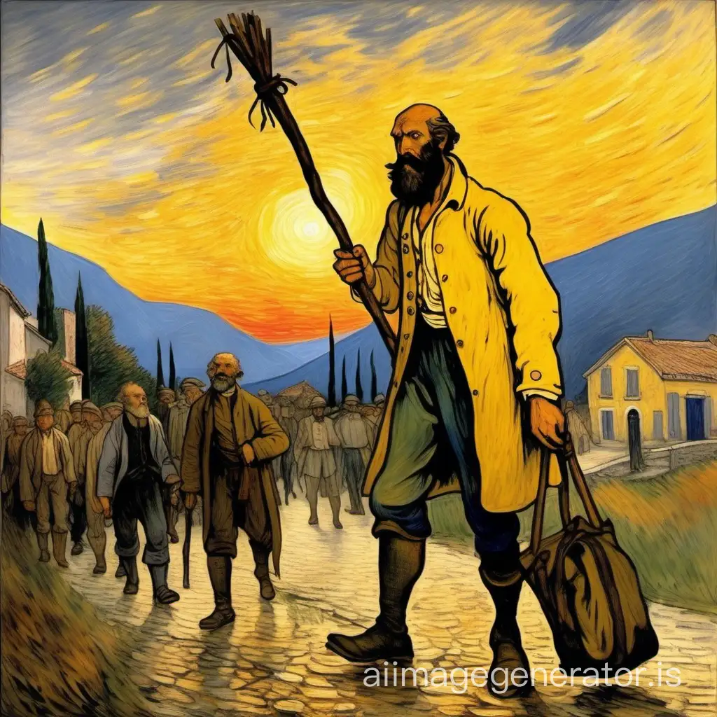 A l'automne 1815, Jean Valjean homme trapu et robuste, la tête tondue et barbe longue, portant une  chemise jaune et une blouse grise en haillons, arrive à digne au coucher de soleil avec un sac de soldat  et un gros bâton noueux, tableau de style Vang Gogh