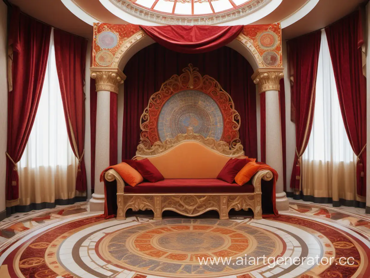 large throne room. The floor is light beige with ceramic tiles. walls with orange and red tapestries, decorations. in the center is a throne resembling a couch or sofa, decorated with gold and red velvet. on the left side there are a pair of large windows made of colored mosaics with red and gold curtains lots of amber, red and gold elements.