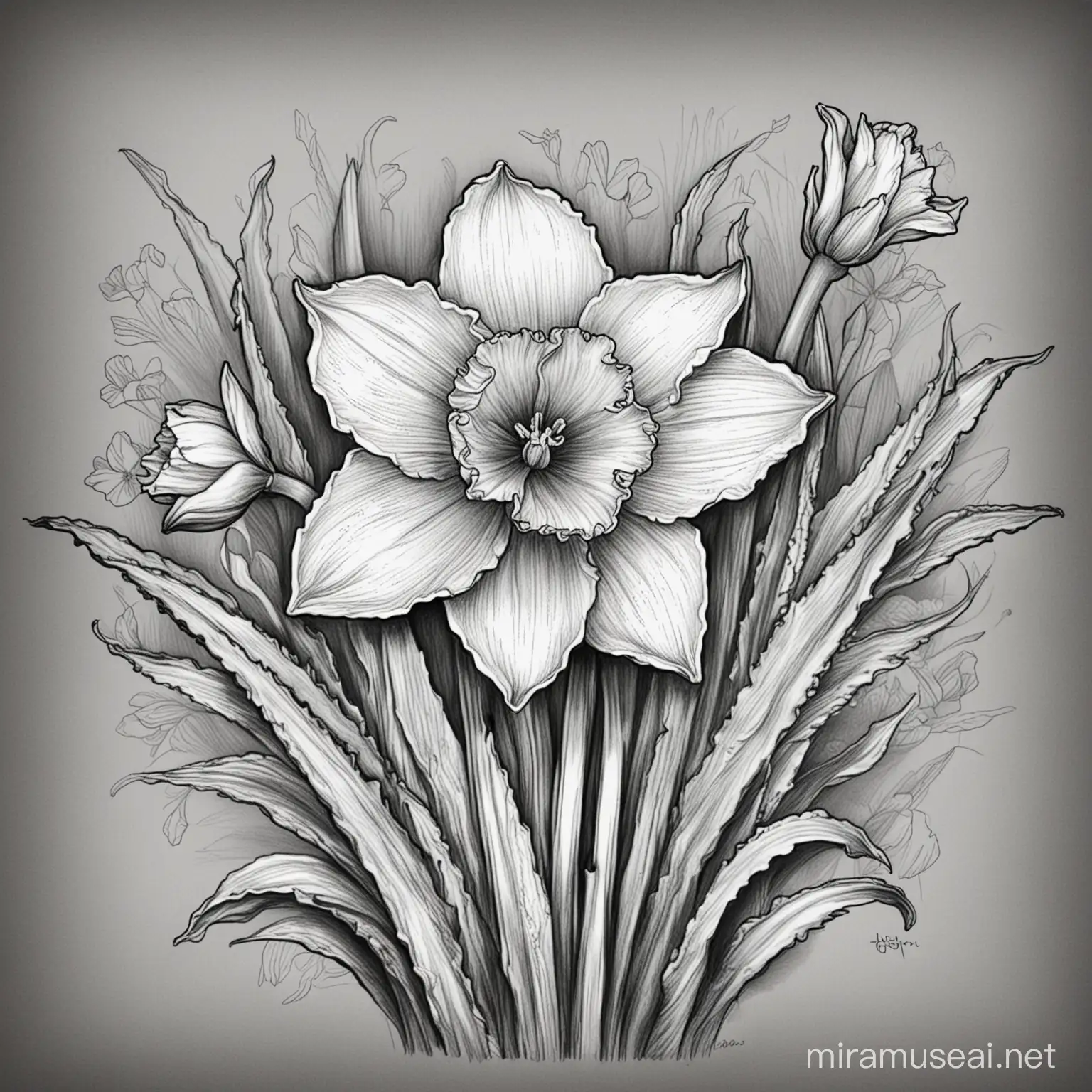 Daffodil Line Art Aerial View Floral Sketch