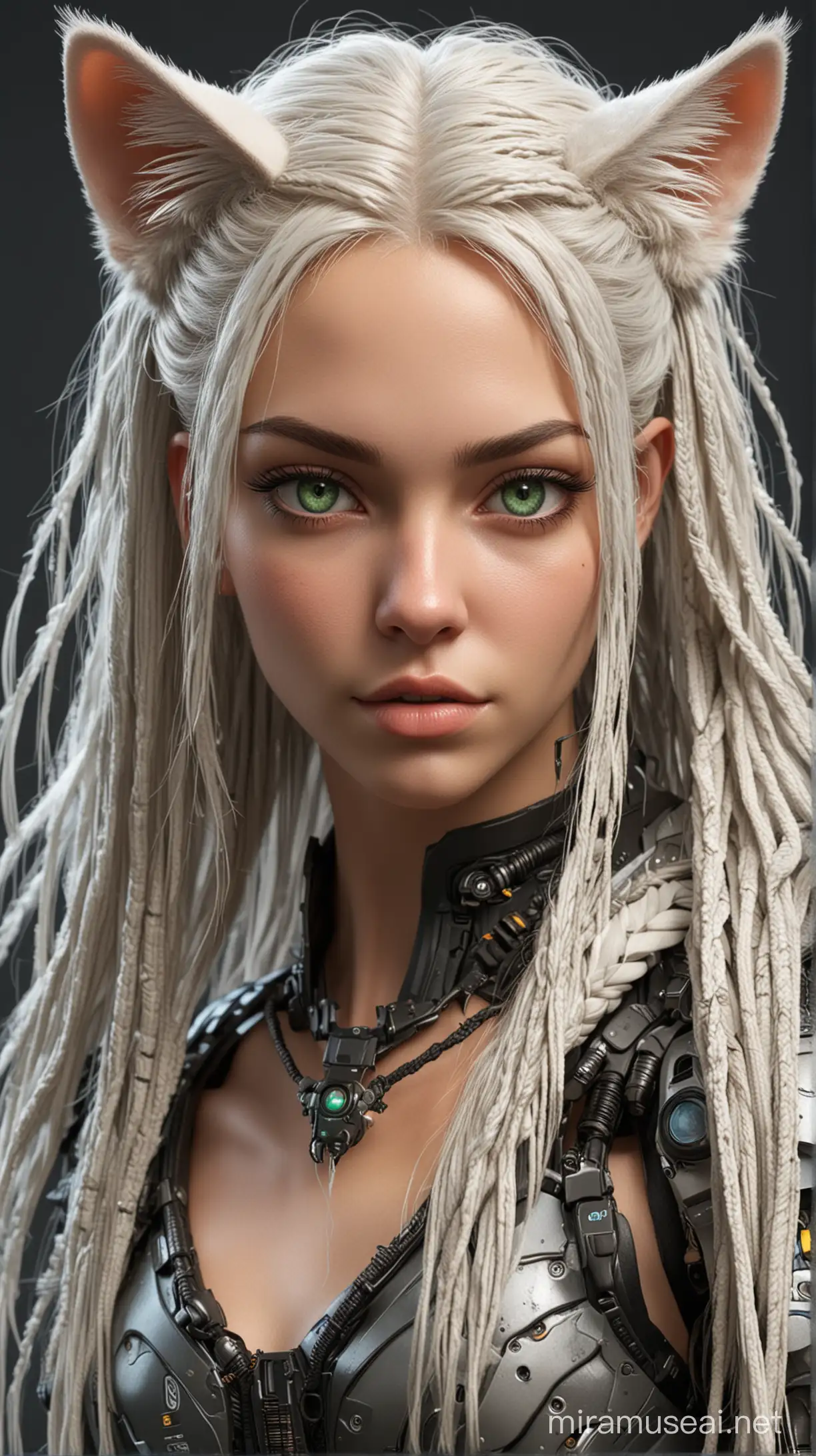 Cat Eyes big fluffy cat Ears braided hair woman Cat Eyes cat...
A hyperrealistical 16k mesmerising mindblowing female cyborg, photorealistic, extremely detailled, full body, long white shaved dreadlocks, fur and feathers, green eyes-realistic v6