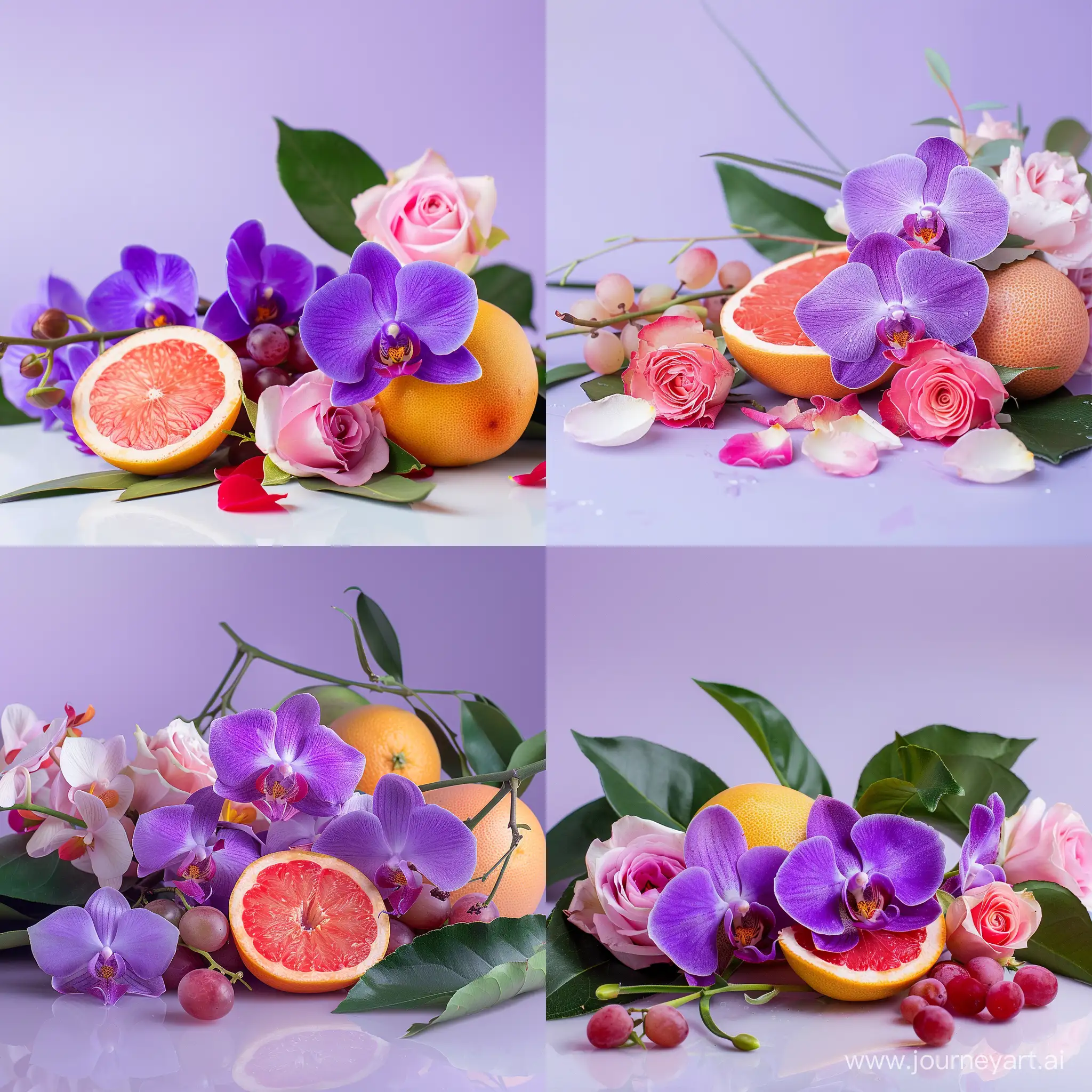 Exquisite-Purple-Orchids-Pink-Roses-and-Grapefruits-Arrangement-on-Glossy-Surface