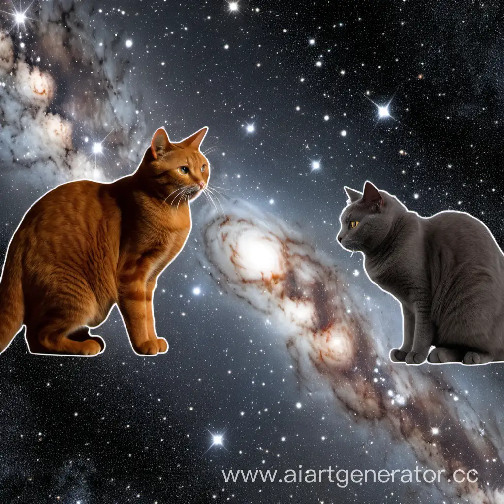 Коричневая кошка и толстый серый кот захватили космос