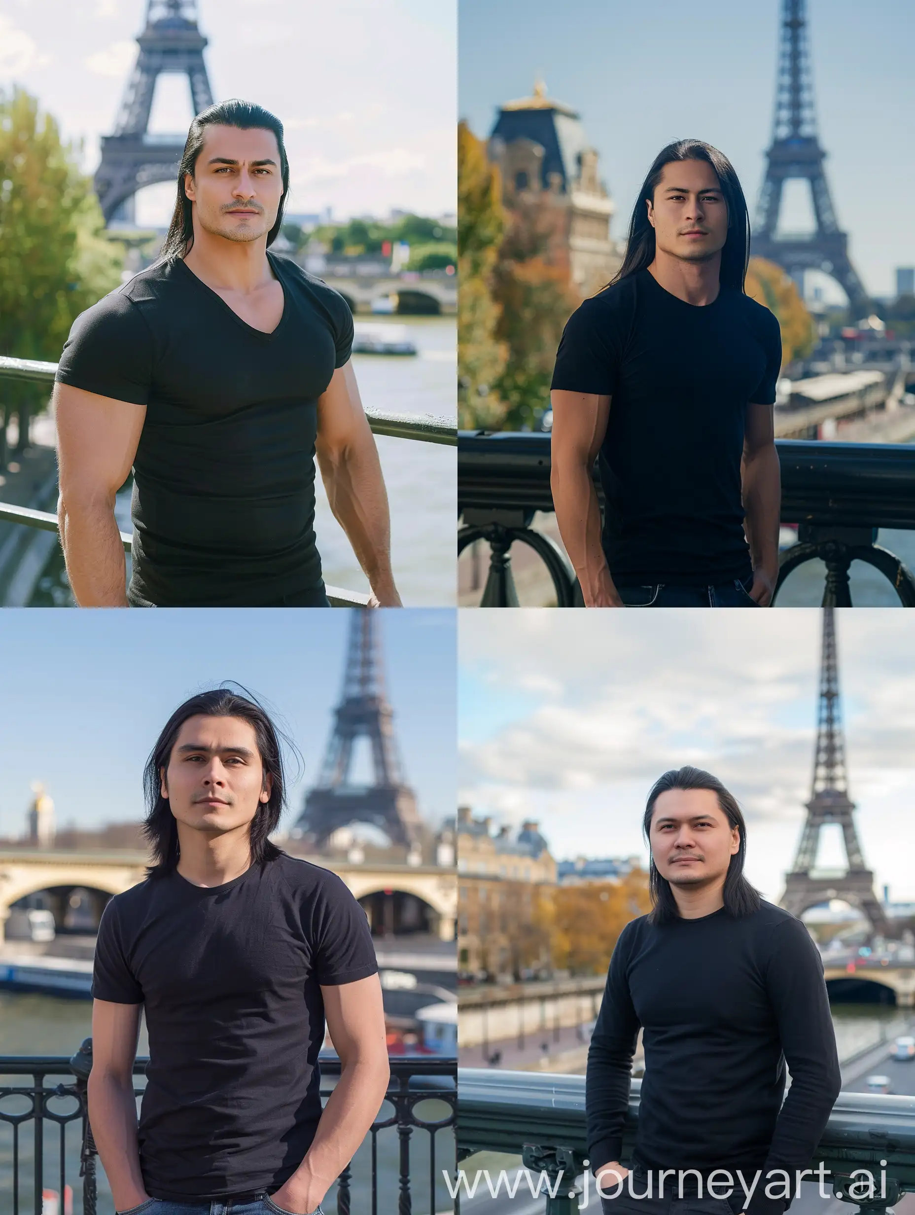 Photo portrait of a handsome 30 year old Russian man, ideal fat body, standing on a bridge, slightly long straight black hair, behind him is the Eiffel Tower, straight black hair, original photo. 8K HD.