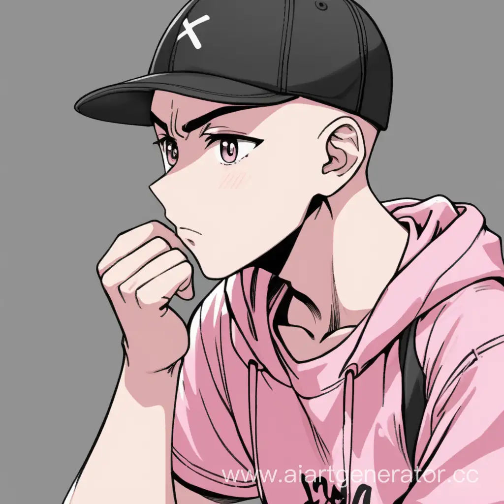 Contemplative-Bald-Anime-Boy-in-Pink-TShirt-and-Black-Cap