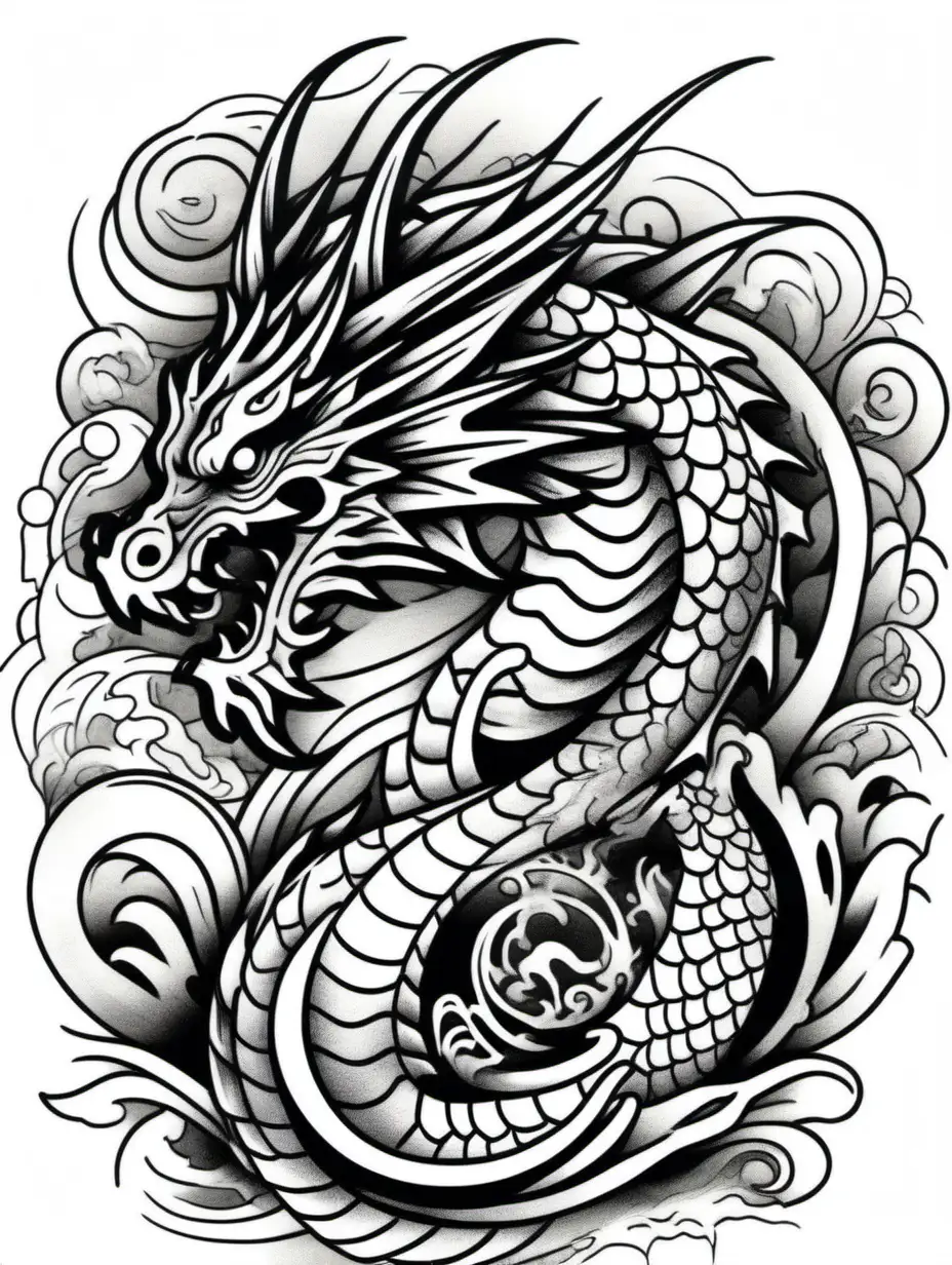 modern black and white dragon tattoo. In a coloring book style.