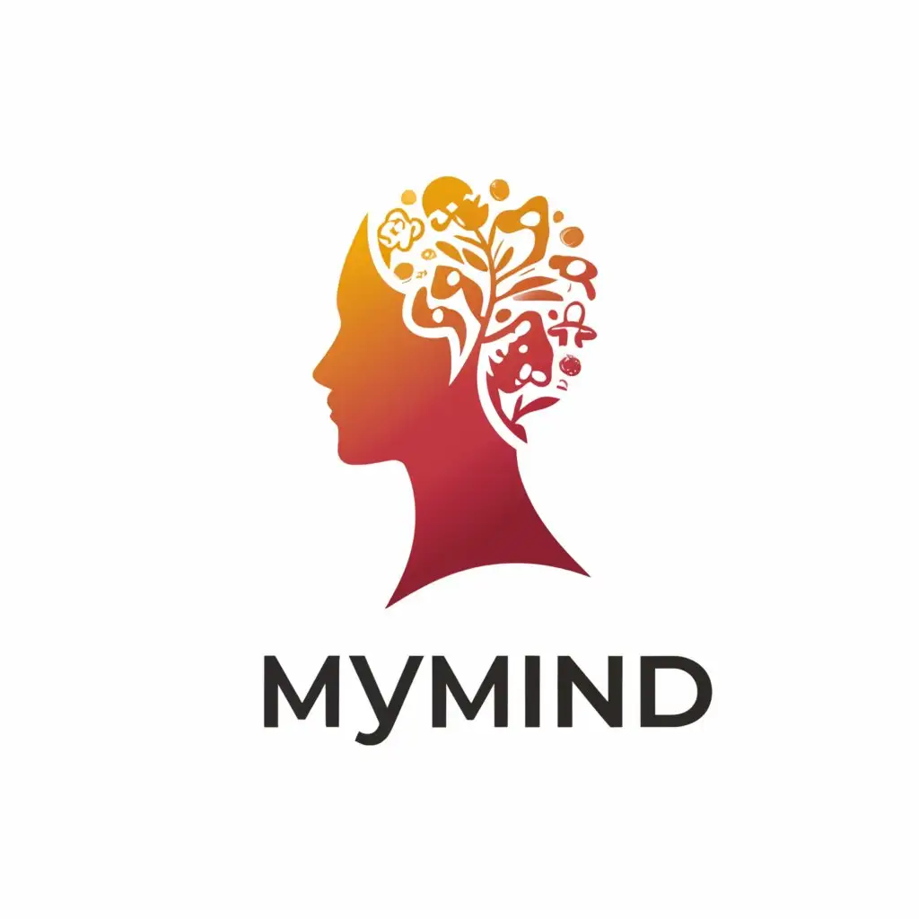 a logo design,with the text 'MyMind', main symbol:Human spiritual head with flowers and mushrooms as hair green colour,Minimalistic,clear background
