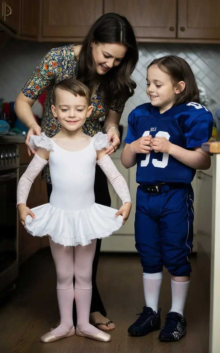 Mother-Dresses-Son-in-Ballerina-Outfit-while-Daughter-Wears-Football-Uniform