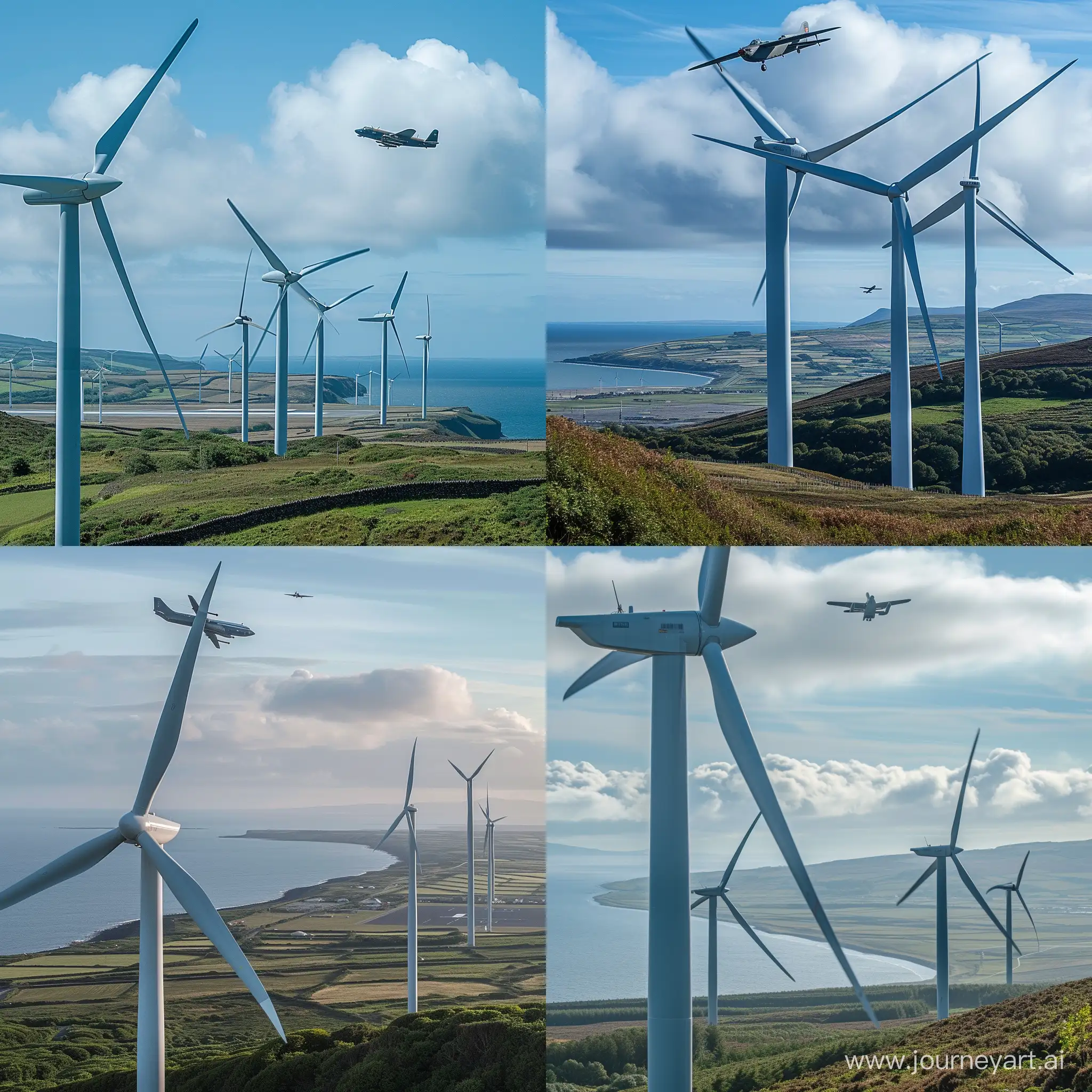 Valley of UK Wind turbines facing the sea with a British RAF air field in the background with a Military aeroplane flying in the sky
