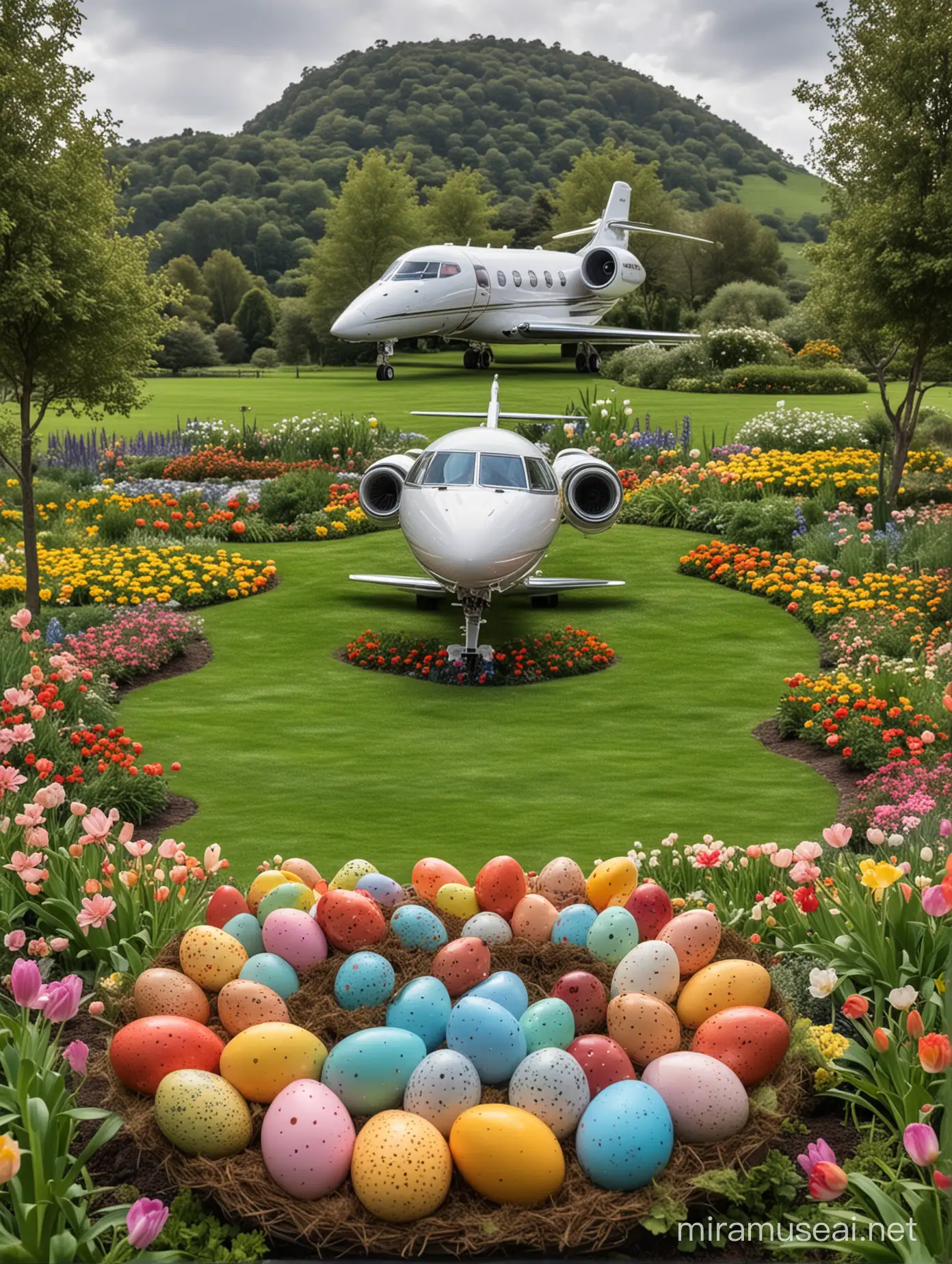 Garden-like place, full of easter egg, leave the center empty so I can put a private jet. Make the view in eye level