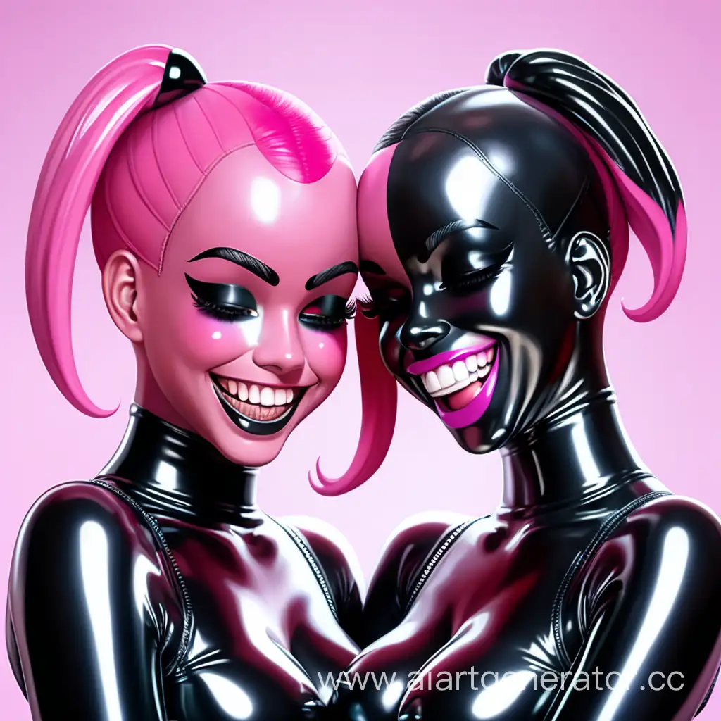 Две Латексные девушки с черной глянцевой латексной кожей. С черным латексным лицом. С розовыми резиновыми волосами обнимают друг друга и смеются