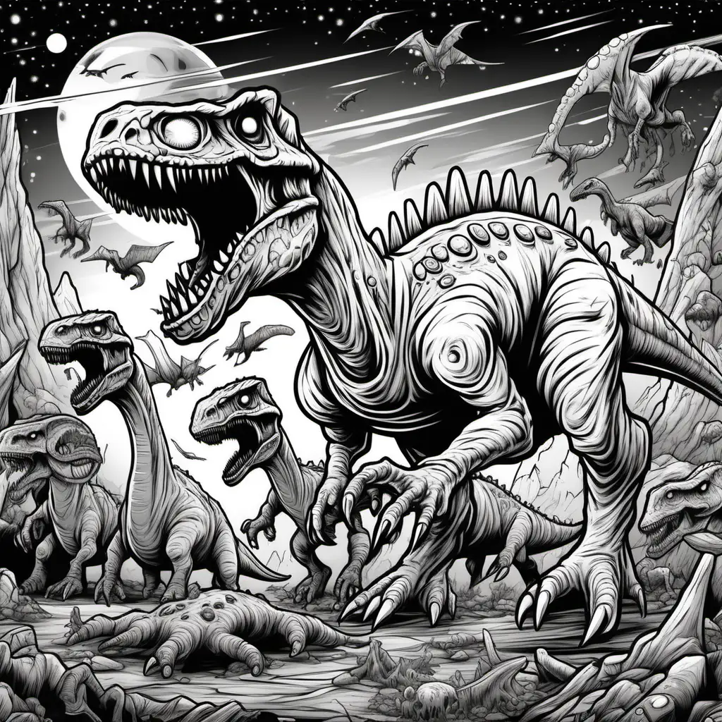 zombie brontosauruses dinosaurs on a spaceship, dark lines, no shading, coloring pages for children
