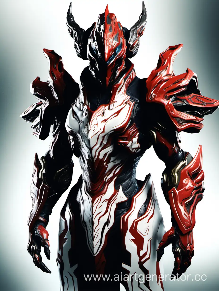 Warframe, Хрома Прайм, с шлемом в форме  драконьей головы наплечниками основной  цвет черный с некоторыми белыми и красными элементами в полный рост