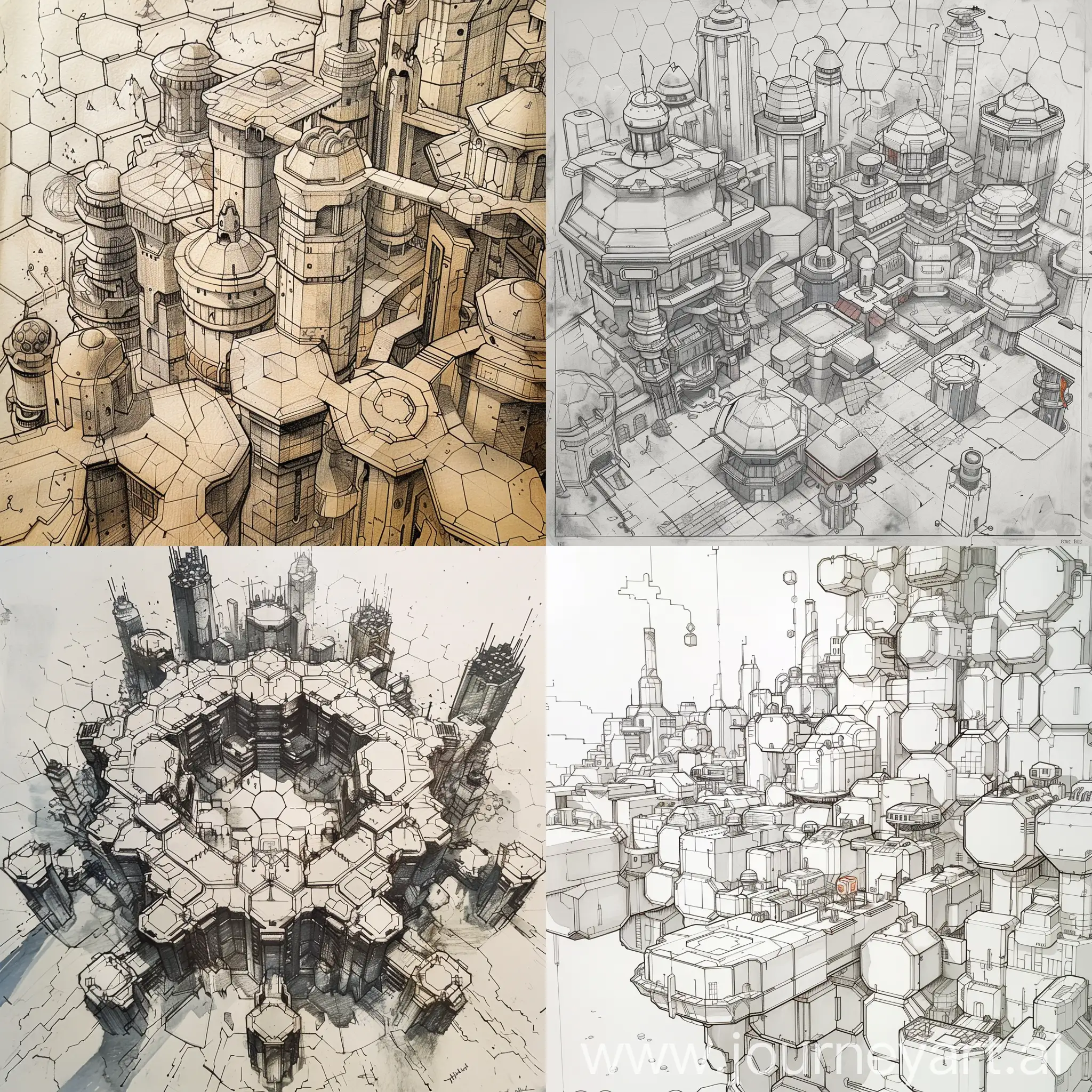 Draw a city with a hexagonal structure