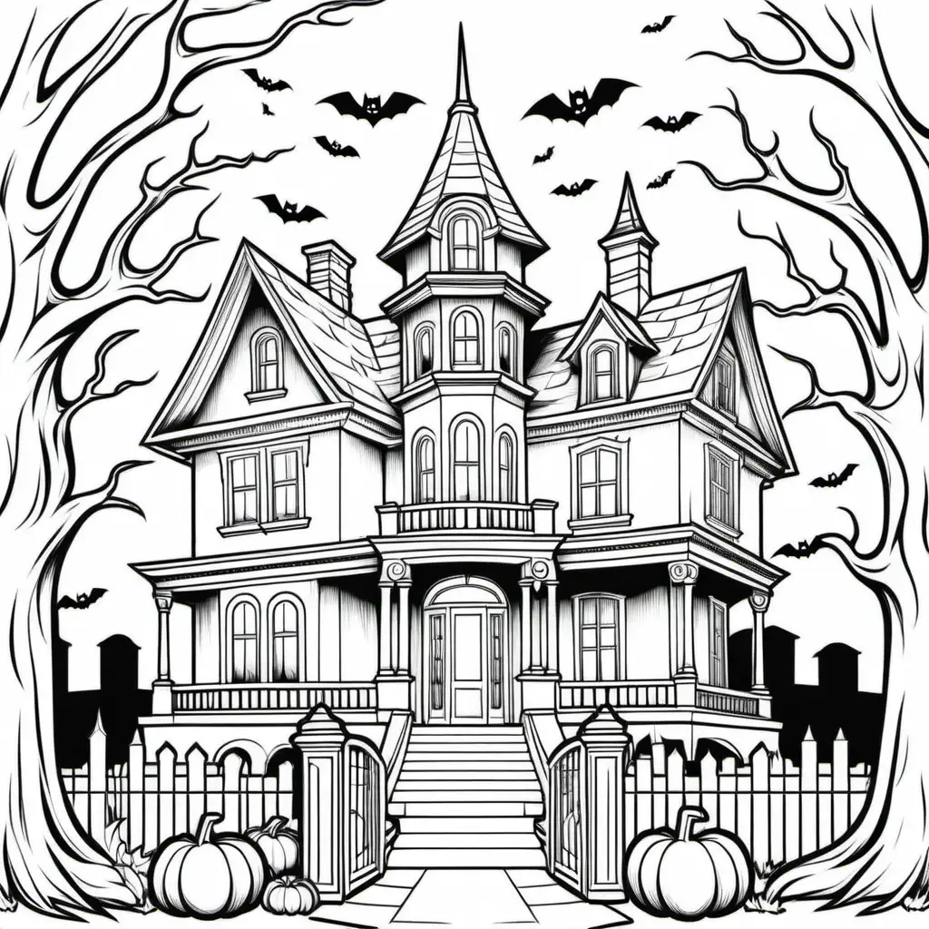 Haunted Halloween Mansion Coloring Book Page
