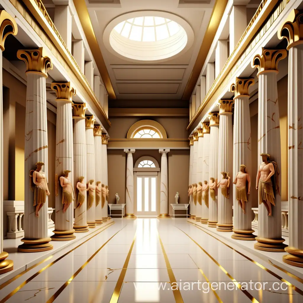 Большой красивый зал в древнегреческом стиле с колоннами из золота