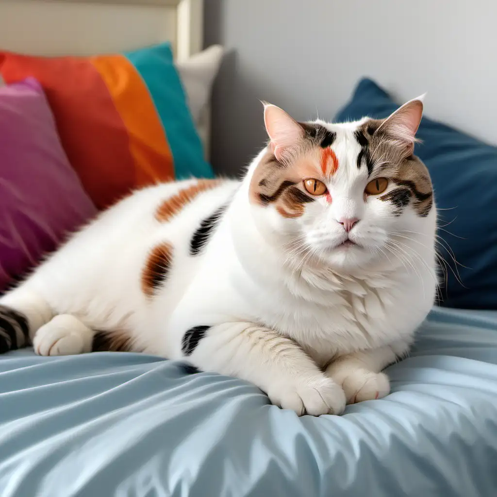 Weiße, dicke Katze mit braunen Flecken auf einem Bett liegt mit bunten Kissen 