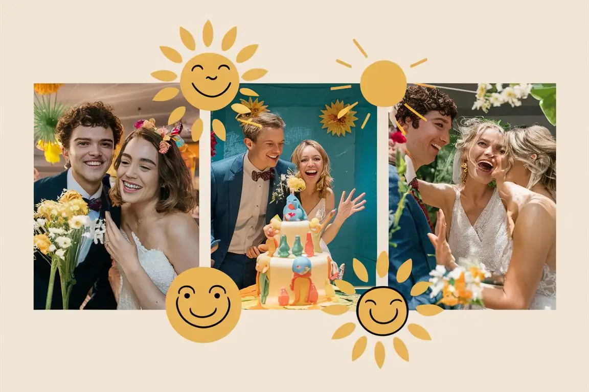 Erzeuge eine moderne Schlichte collage für 3 Hochzeitsbilder mit lustigen, frischen, sonnigen elementen und deko die in eine junge frische spaßige hochzeit passen