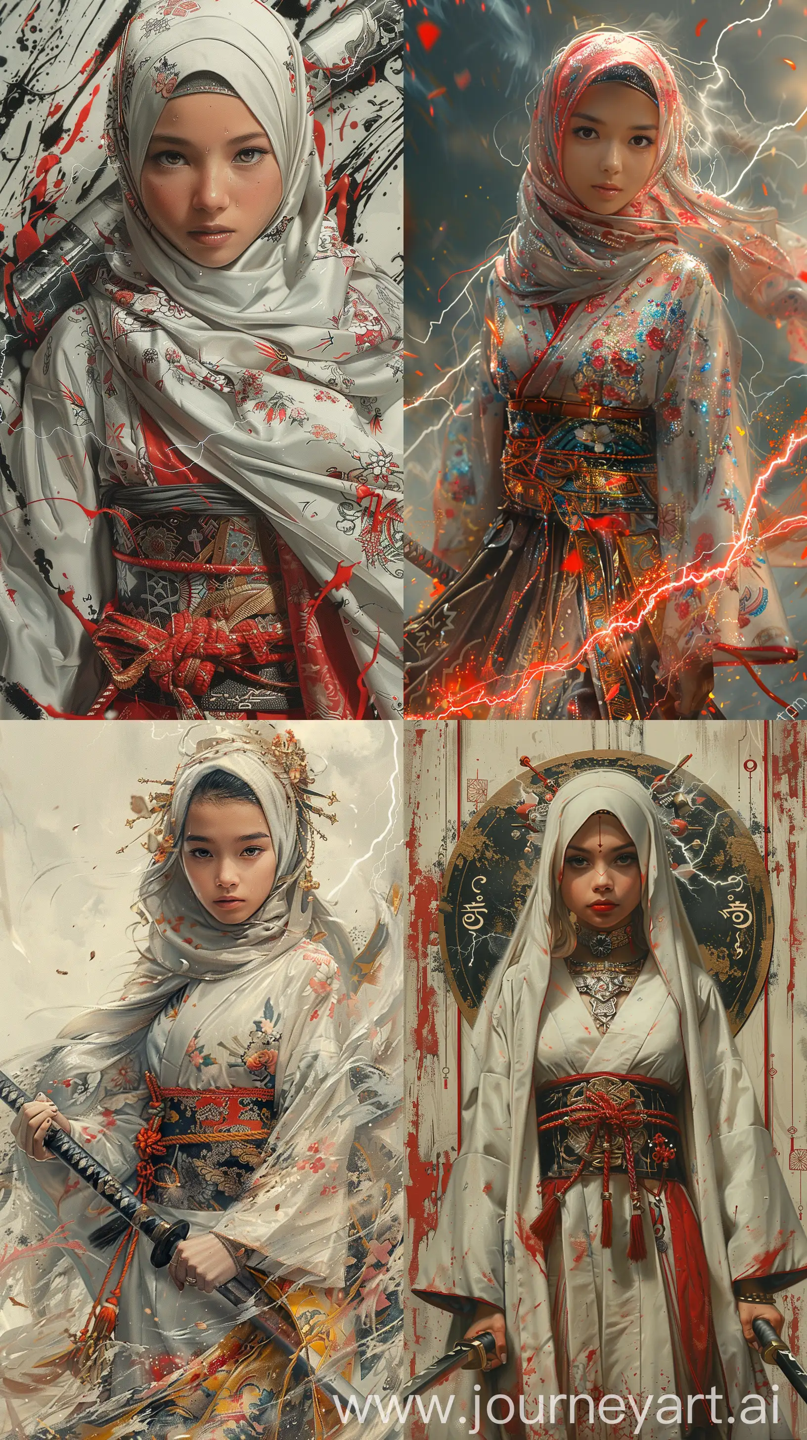 by Artgerm digital painting art style, highly detailed, Stunning beauty young Indonesian muslim college girl in japanese attire, at a freestyle inline skate, simple minimalist futuristic design. Graphic scheme long skirt, with striking colors. Japanesepunk vibrant, the person face is charming and looks at me, closeup, swing lightning katana sword bender technique, intricate background. --s 750 --ar 9:16