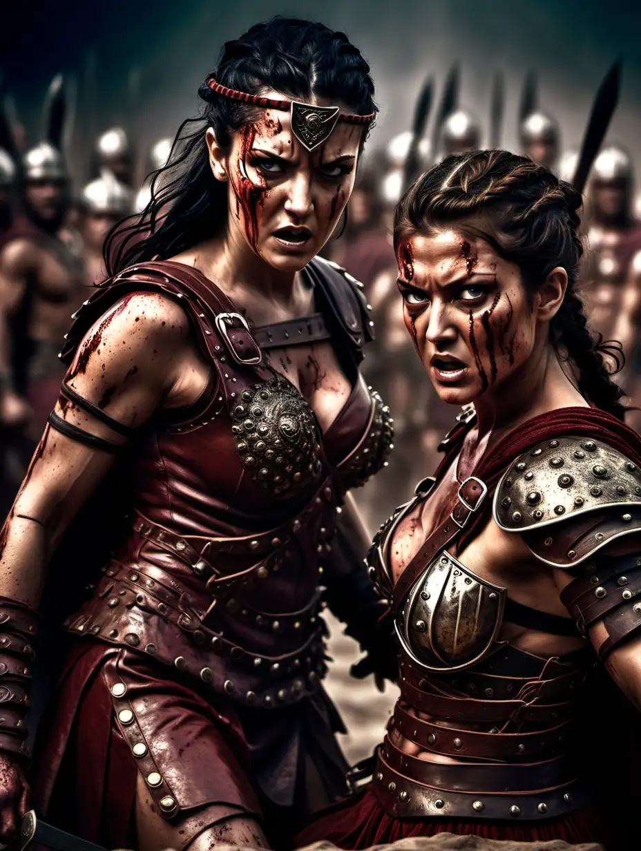 cinematic lighting), in the world of famous tv series Spartacus, 2 beautiful warrior women fighting for her life, fierce fight, blood on the body, leather studded boots, intricate details, detailed face, detailed eyes, hyper realistic photography