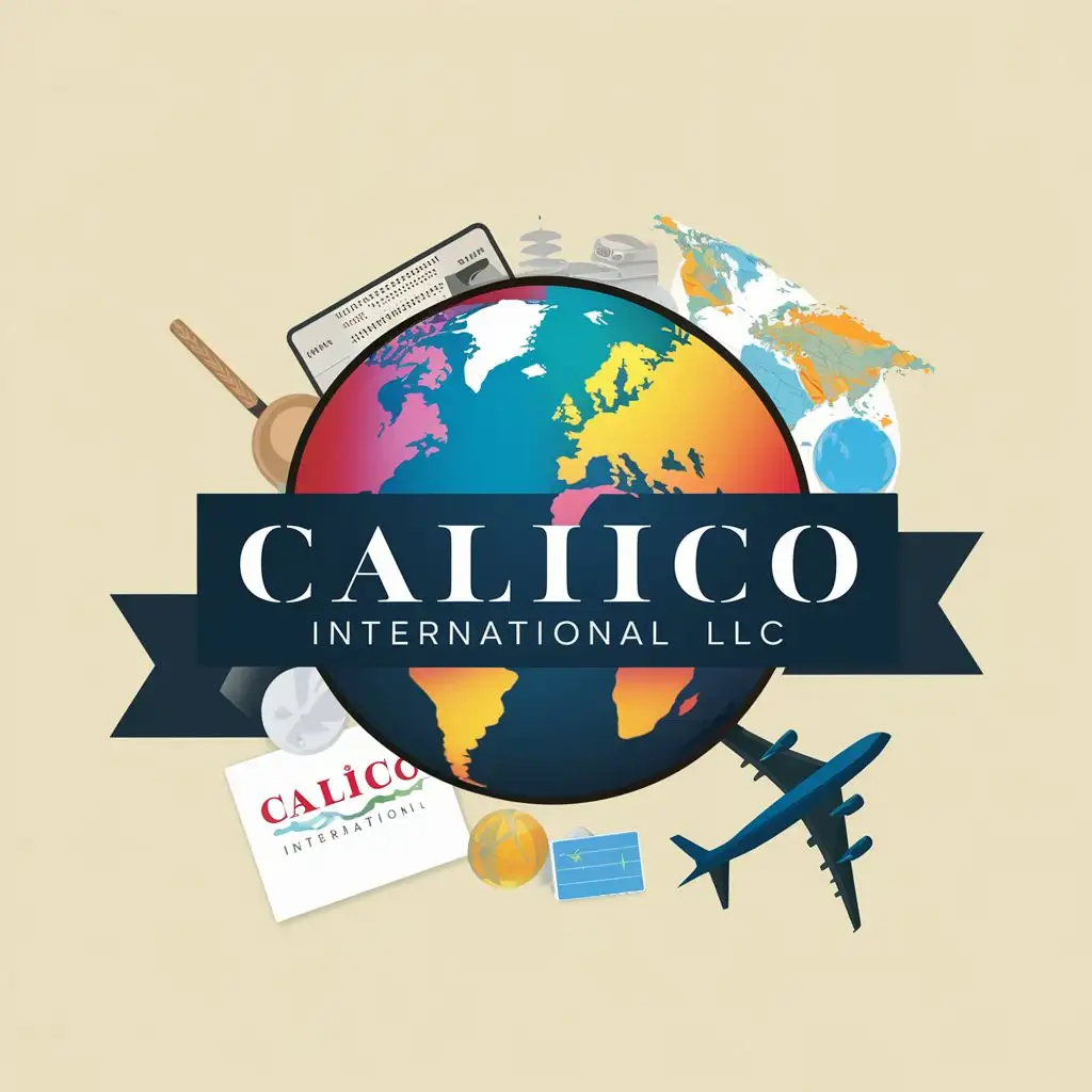 logo, Coloured Globe, map, travel visa, aeroplane, with the text "Calico International LLC", typography, be used in Travel industry