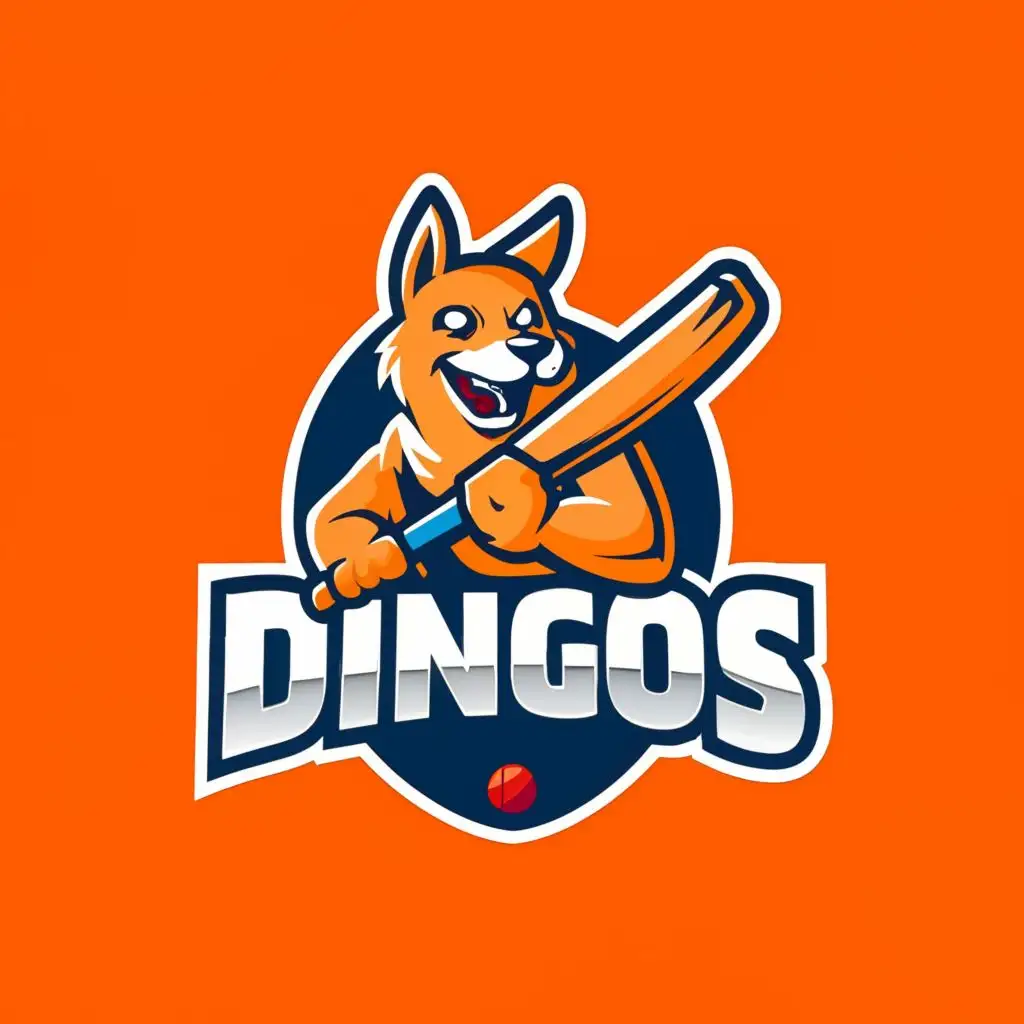 a logo design,with the text "Dingos", main symbol:Stylized Dingo with cricket bat and ball,Moderate,be used in Sports Fitness industry,clear background