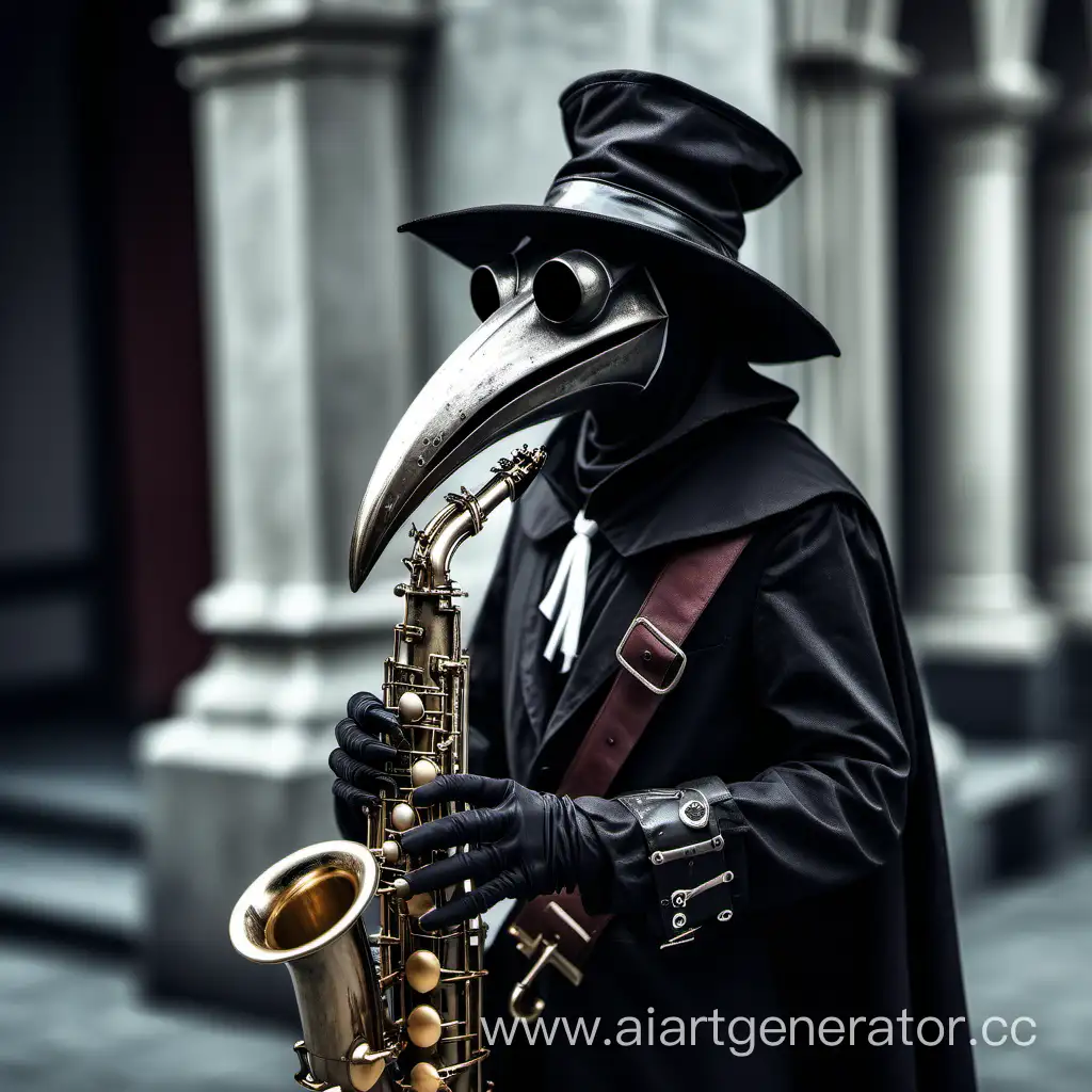 Mysterious-Elf-Playing-Saxophone-in-Black-Plague-Doctor-Attire