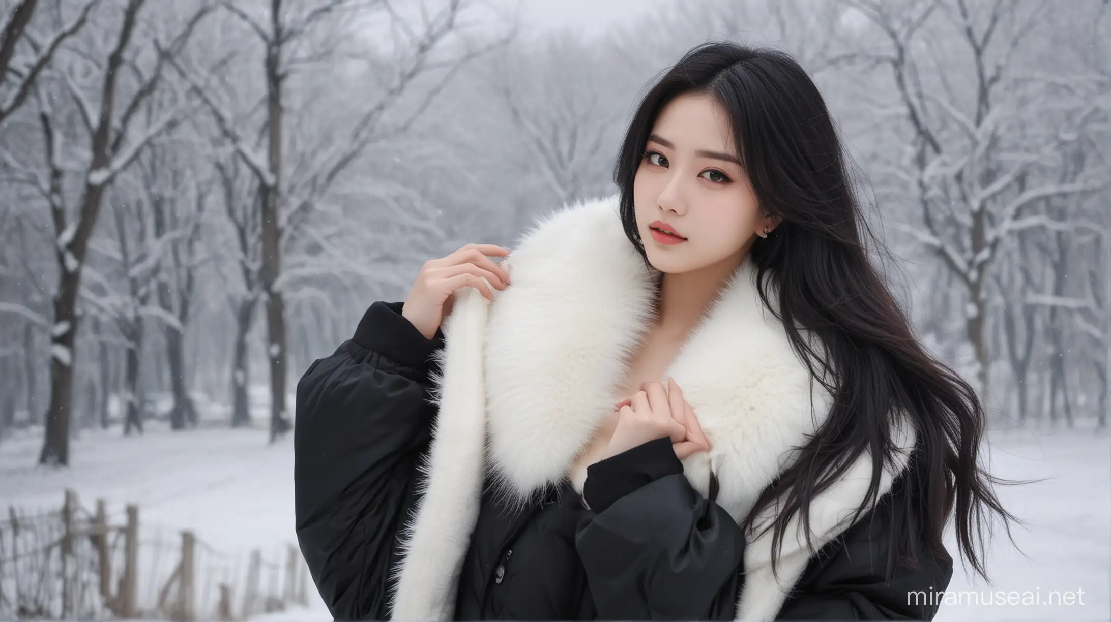 Elegant Woman in Oriental Snowscape White Fur Collar and Black Long Down Jacket