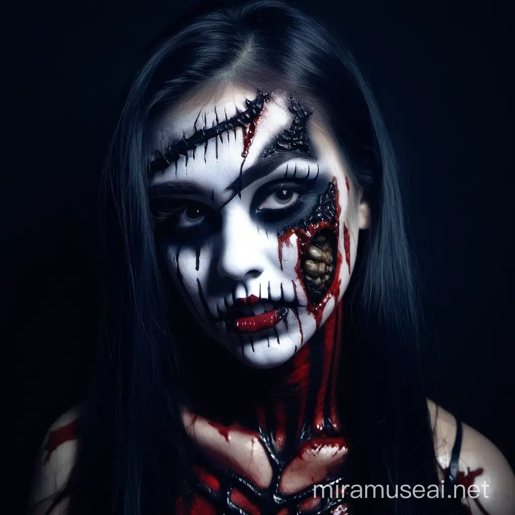 Creepy Girl with Horror Makeup in Dimly Lit Room