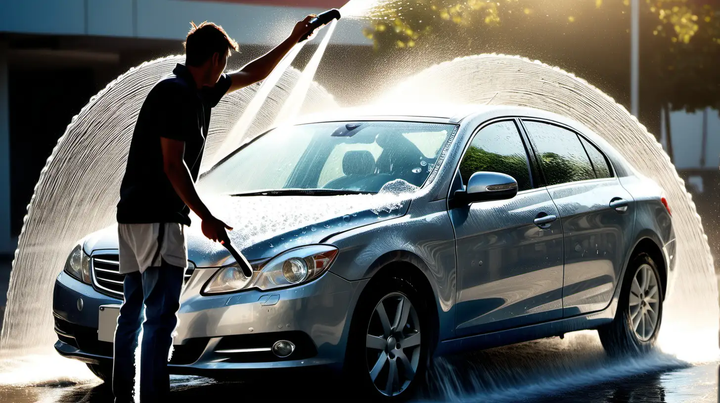 Capture the person as they joyfully rinse their car with a water pipe, freezing the moment when water droplets glisten in the sunlight, showcasing the refreshing and dynamic act of car washing.

