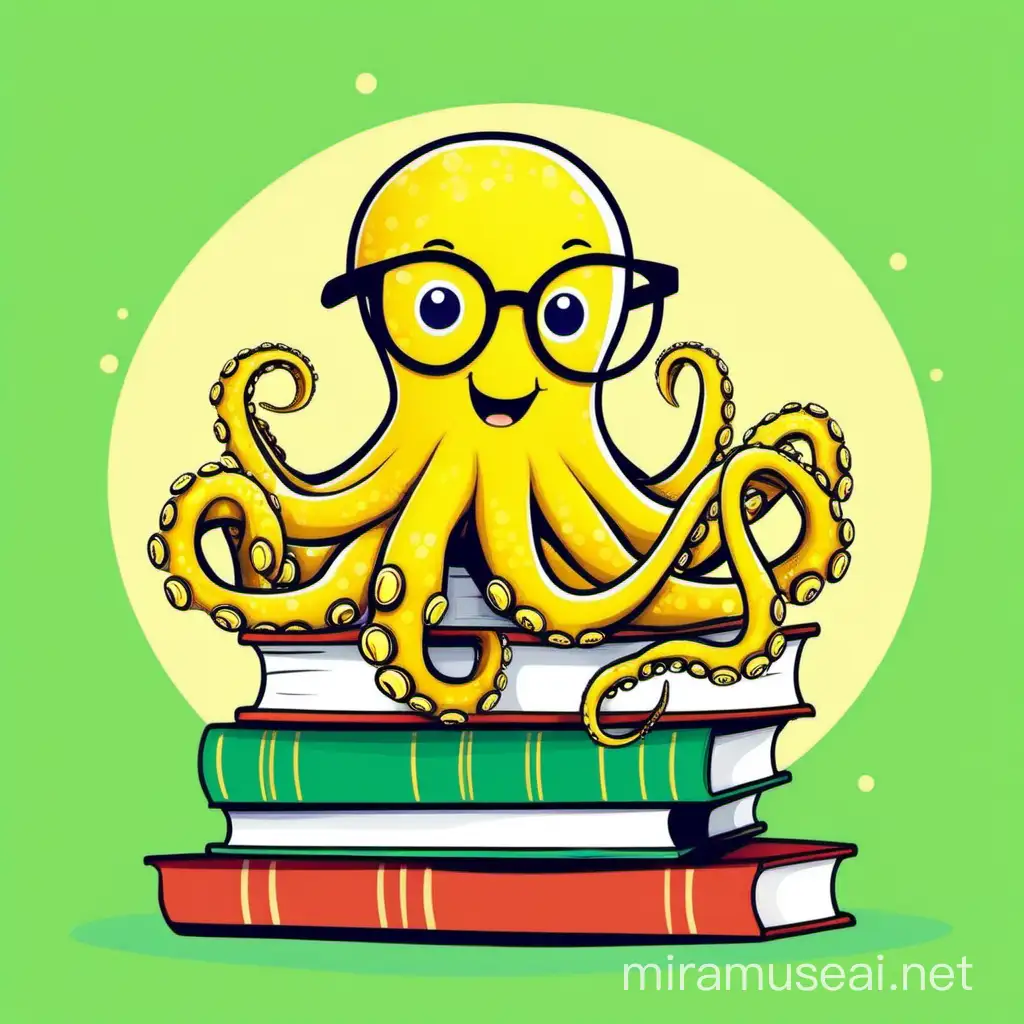 Cute, adorable, cheerful, cartoon-like yellow octopus, wearing glasses, holding high 4 different books. Big green circle in the background.