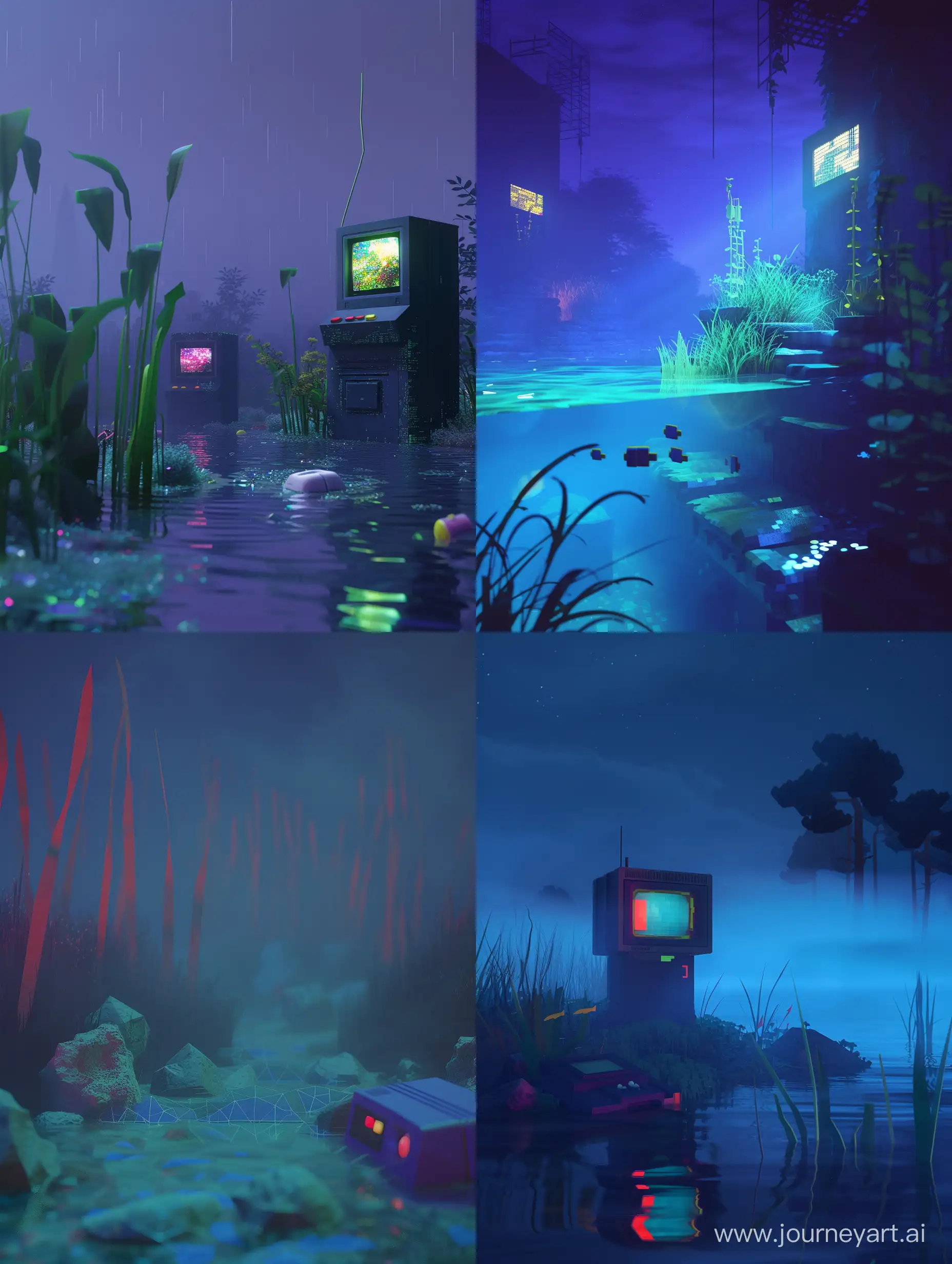 2000s video game  aquatic ambience scene, nostalgia, nighttime, fog, haunting, low poly, computer graphics, digital glitch, nintendo 64, vaporwave