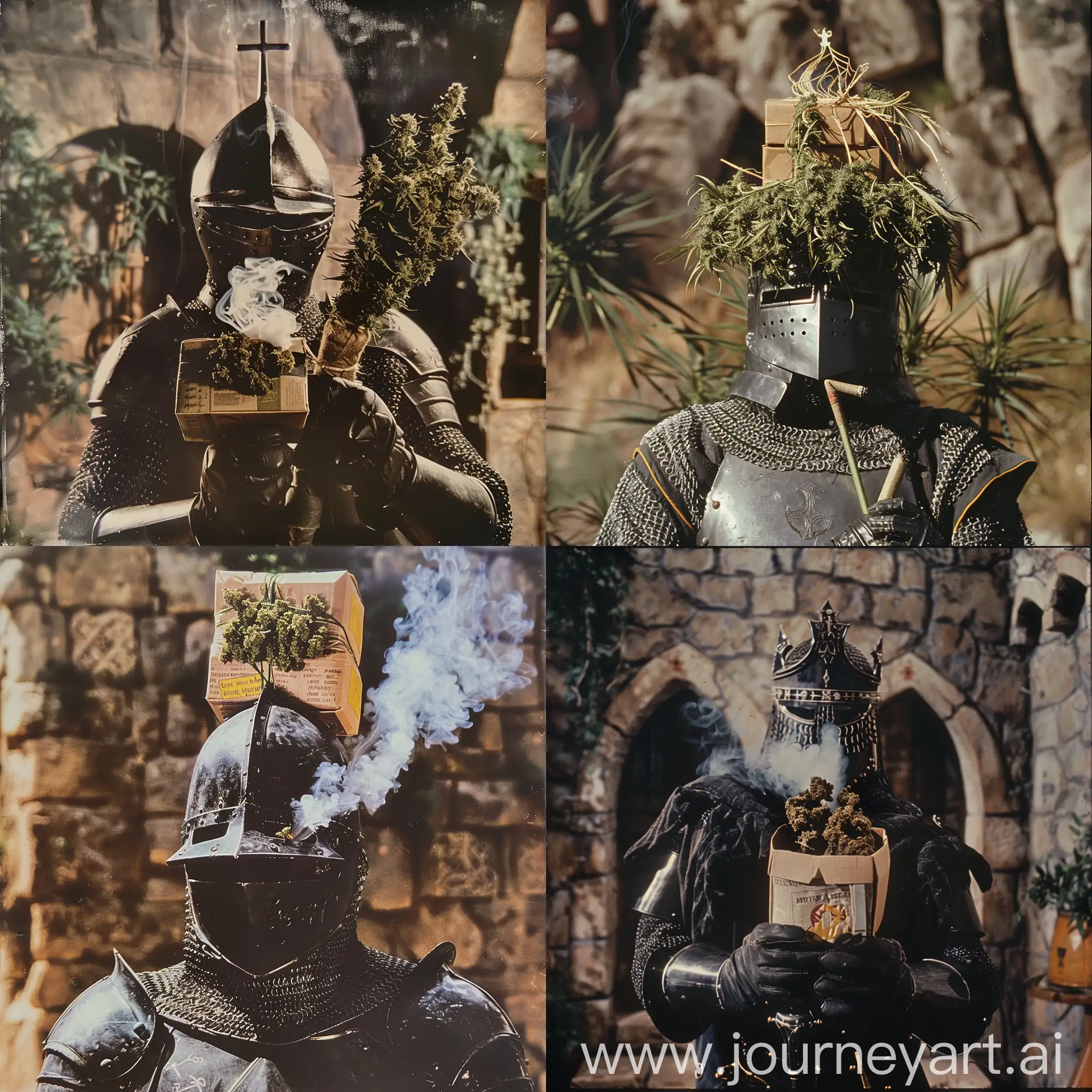 a frame from an 70s fantasy movie depicting The Black Knight (from Monty Python and the Holy grail) smoking a package of weed through his tophelm helmet. 