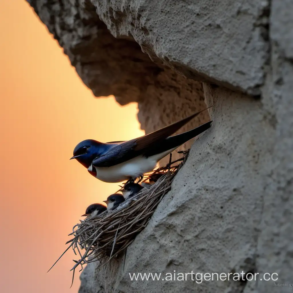 Swallow flies,nest,rocks,dawn