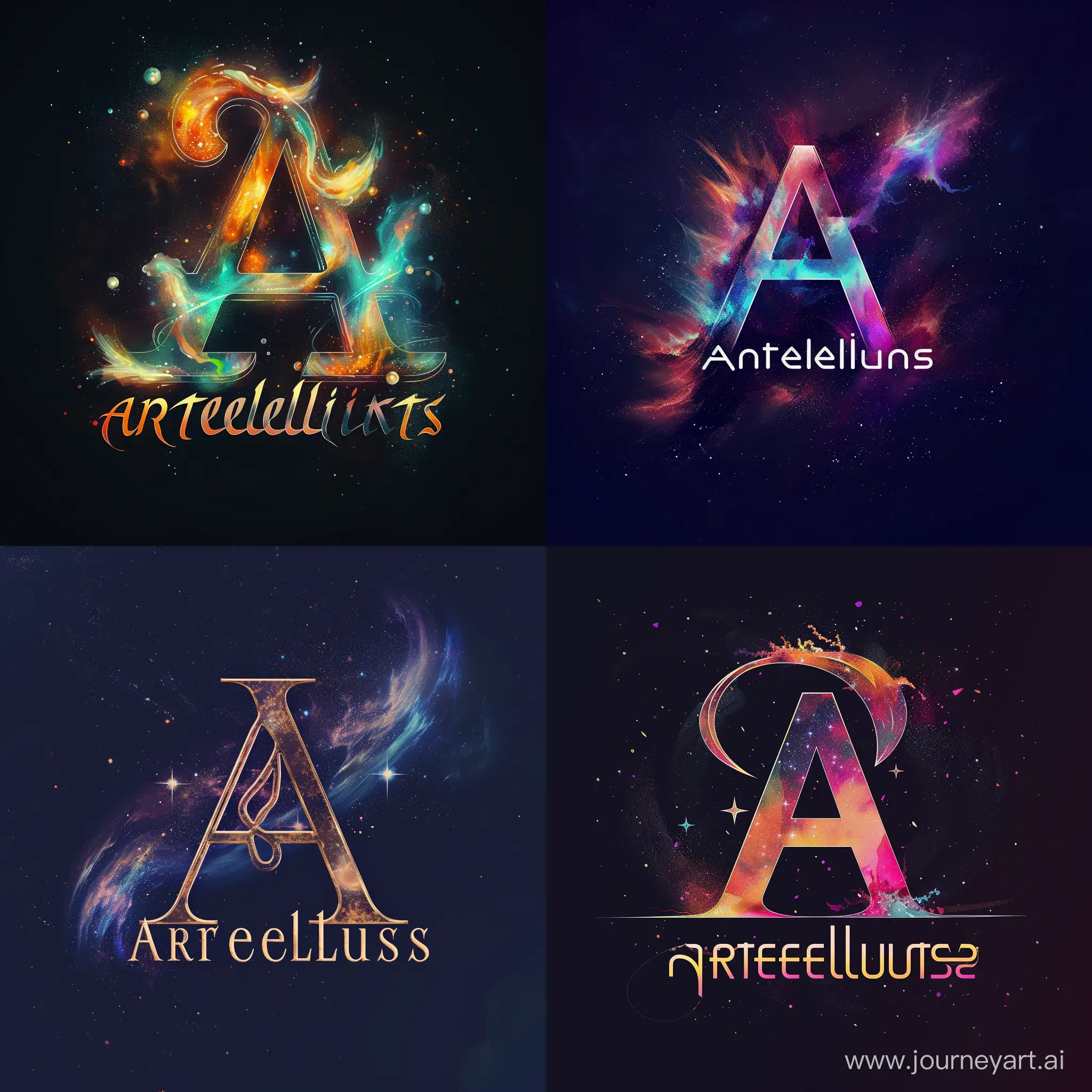Create a dreamy logo with the text 'Artelusion'. Emphasize dream-like qualities with a touch of darkness and incorporate beautiful cosmic colors. The 'A' should be prominent and creative, and the rest of the letters should flow seamlessly with artistic flair. Feel free to integrate celestial elements such as stars and nebulas, while maintaining an elegant and sophisticated aesthetic. The overall design should evoke a sense of wonder and mystery. Remember to prioritize legibility while infusing a dreamy and artistic feel into the logo