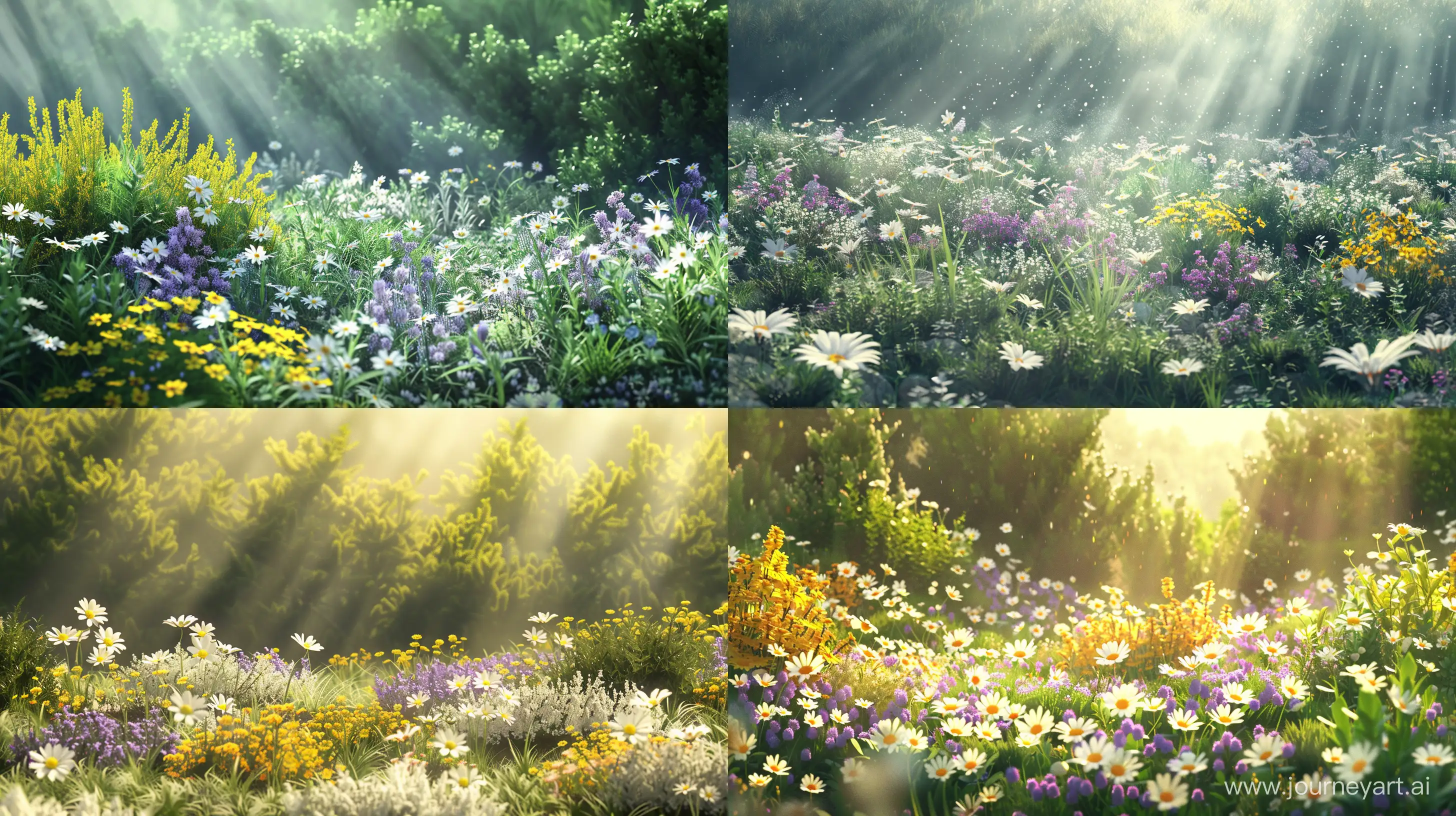 beautiful meadow with meadow flowers, 2d style, the clearing is flooded with the sun, only white, yellow and purple flowers grow in the clearing, the aura of summer and the beauty of nature, shrubs also grow in the clearing, 2d illustration, 2d style, artstation illustration --ar 16:9