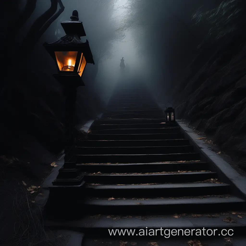 Черная лестница ведет вниз, на каждой ступеньки по небольшому фонарю, черный туман на ступеньках